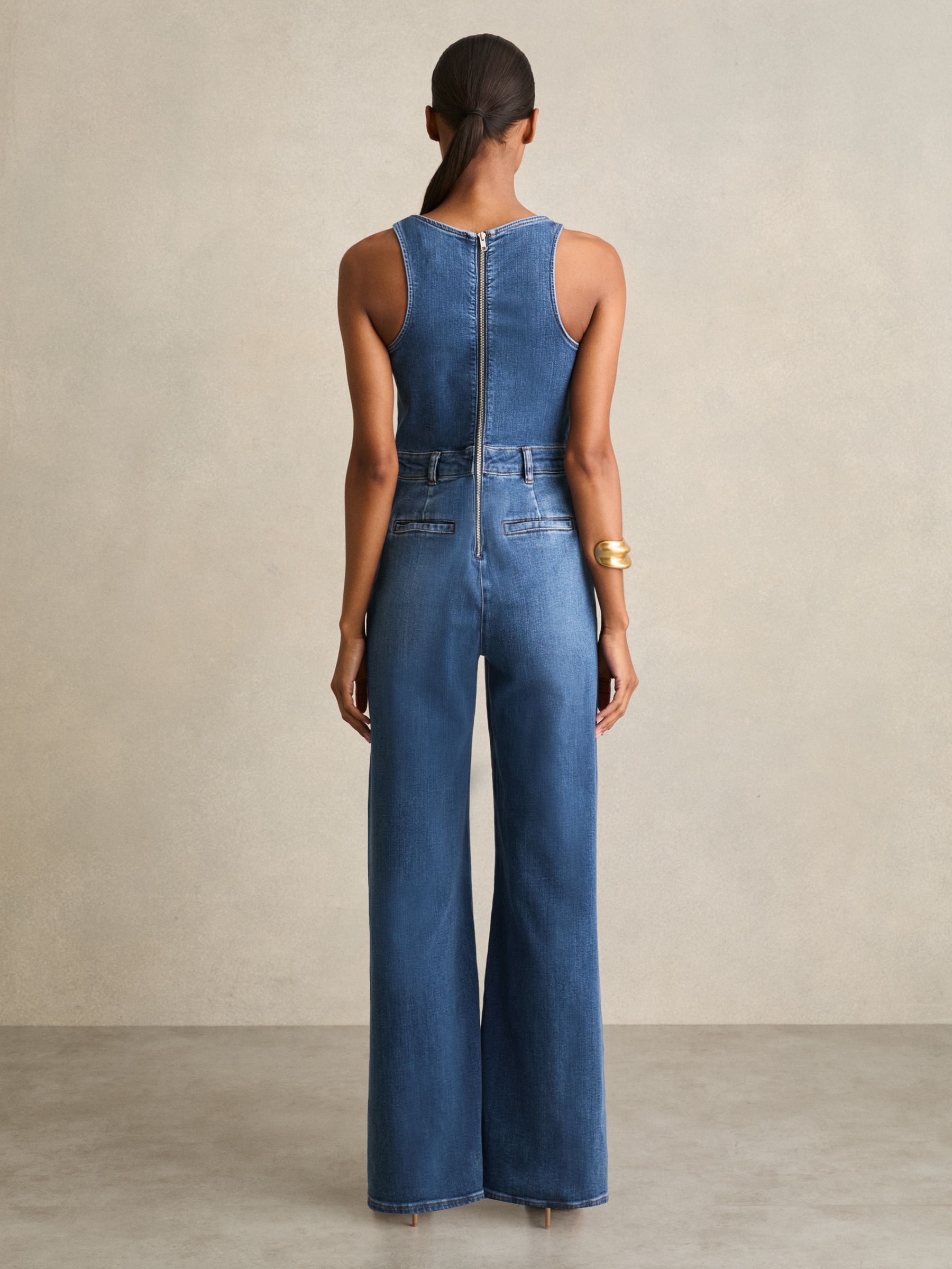 Wide-Leg Racer-Back Denim Jumpsuit in Indigo