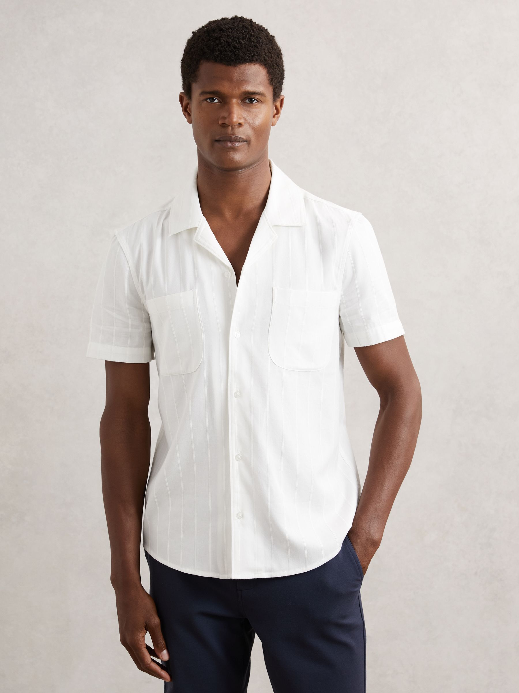 Paige Tonal-Stripe Cuban-Collar Shirt in Ivory