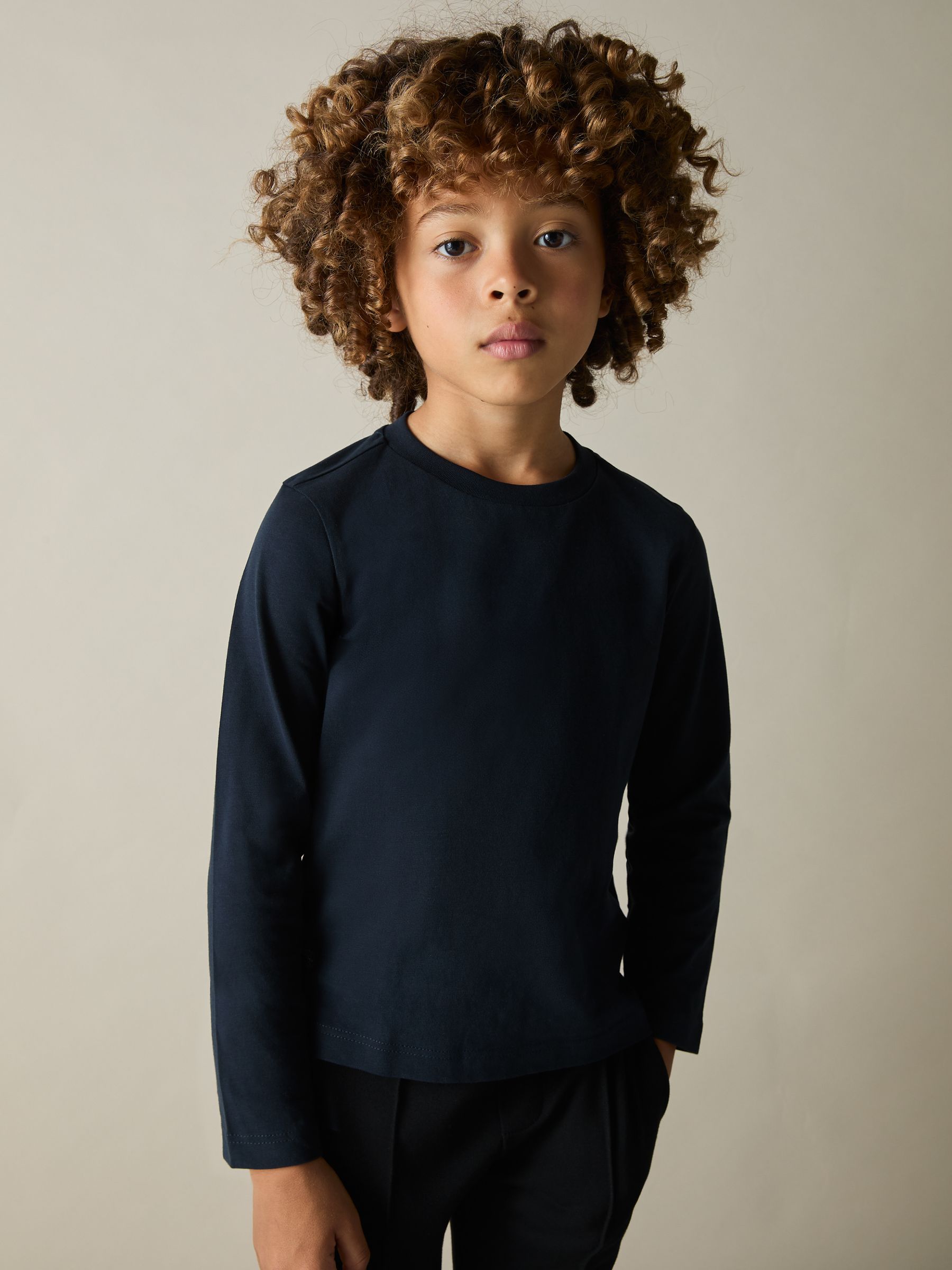 3-9 yrs Cotton Jersey Long Sleeve T-Shirts 3 Pack in White/Soft Grey/Navy