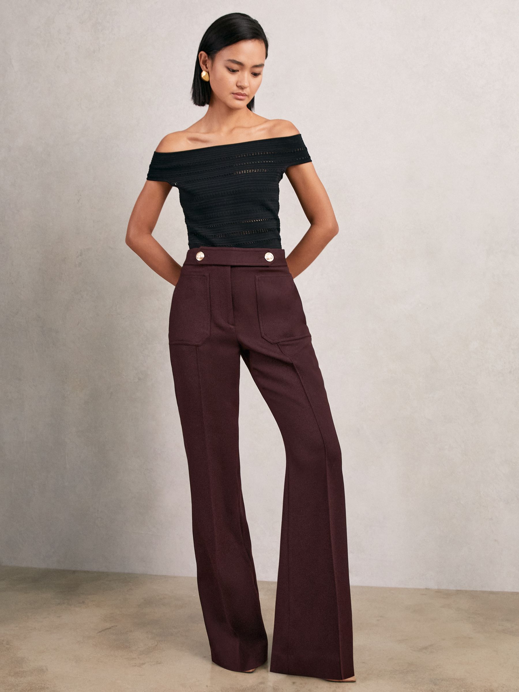 Petite Twill Button-Tab Flared Trousers With Wool in Burgundy