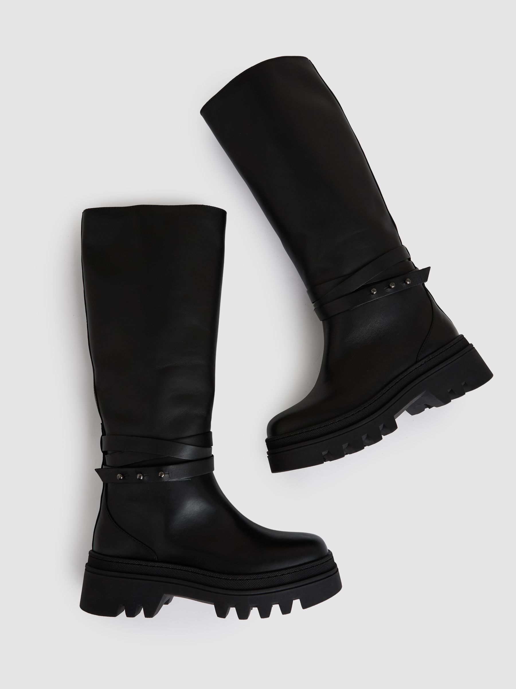 Leather Chunky Flat Knee-High Boots in Black