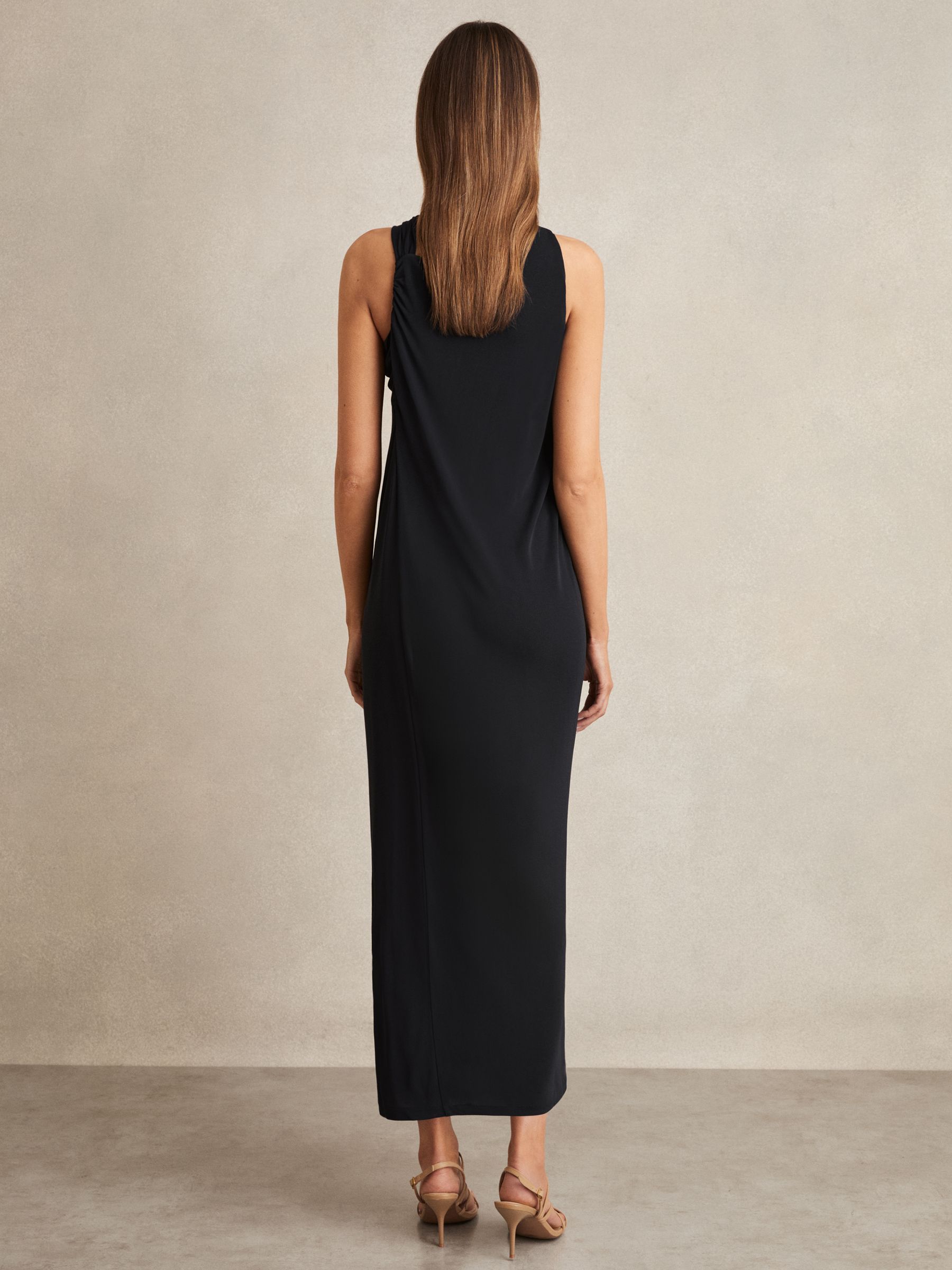Gathered Neck Jersey Midi Dress in Navy