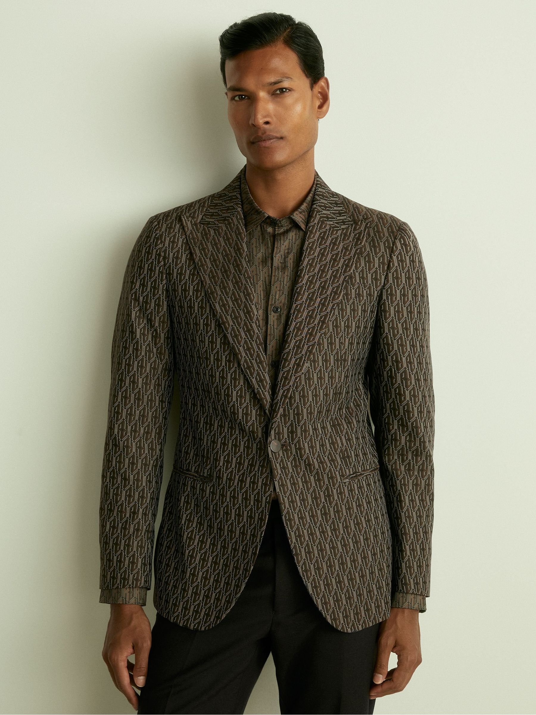 Monogram-Jacquard Twill Blazer in Chocolate Brown