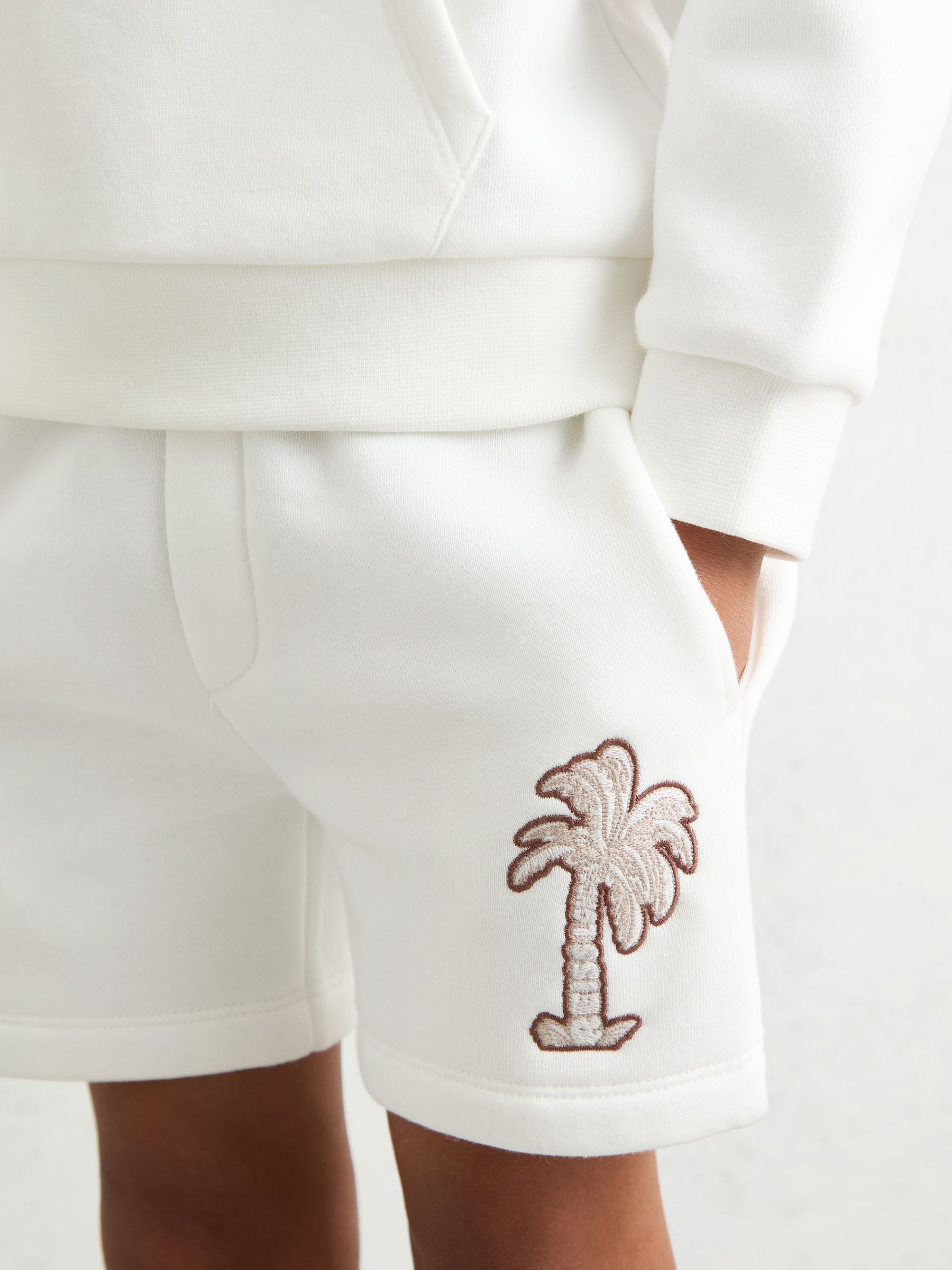9-13 yrs Cotton Blend Palm Embroidered Shorts in Off White