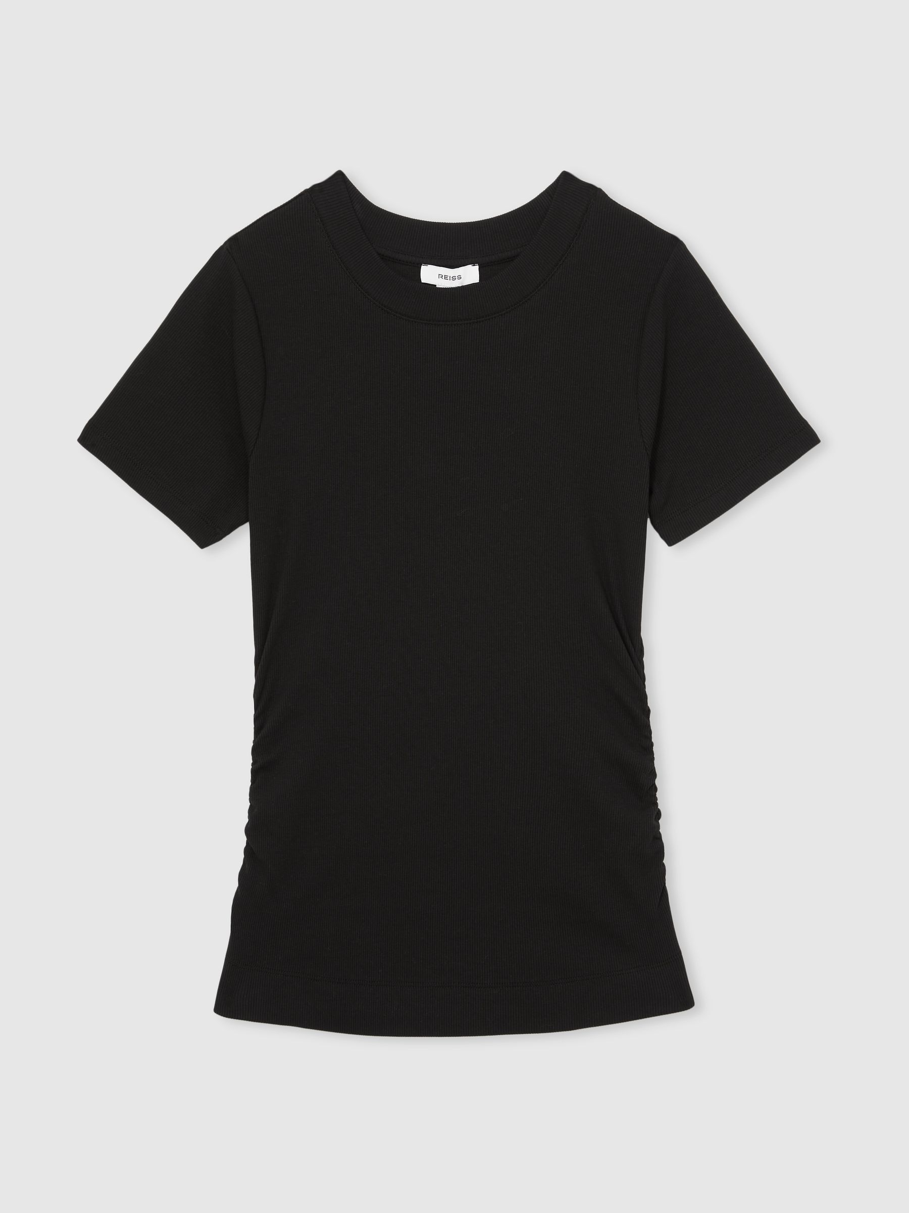 Stretch-Cotton Ruched Ribbed T-Shirt in Black