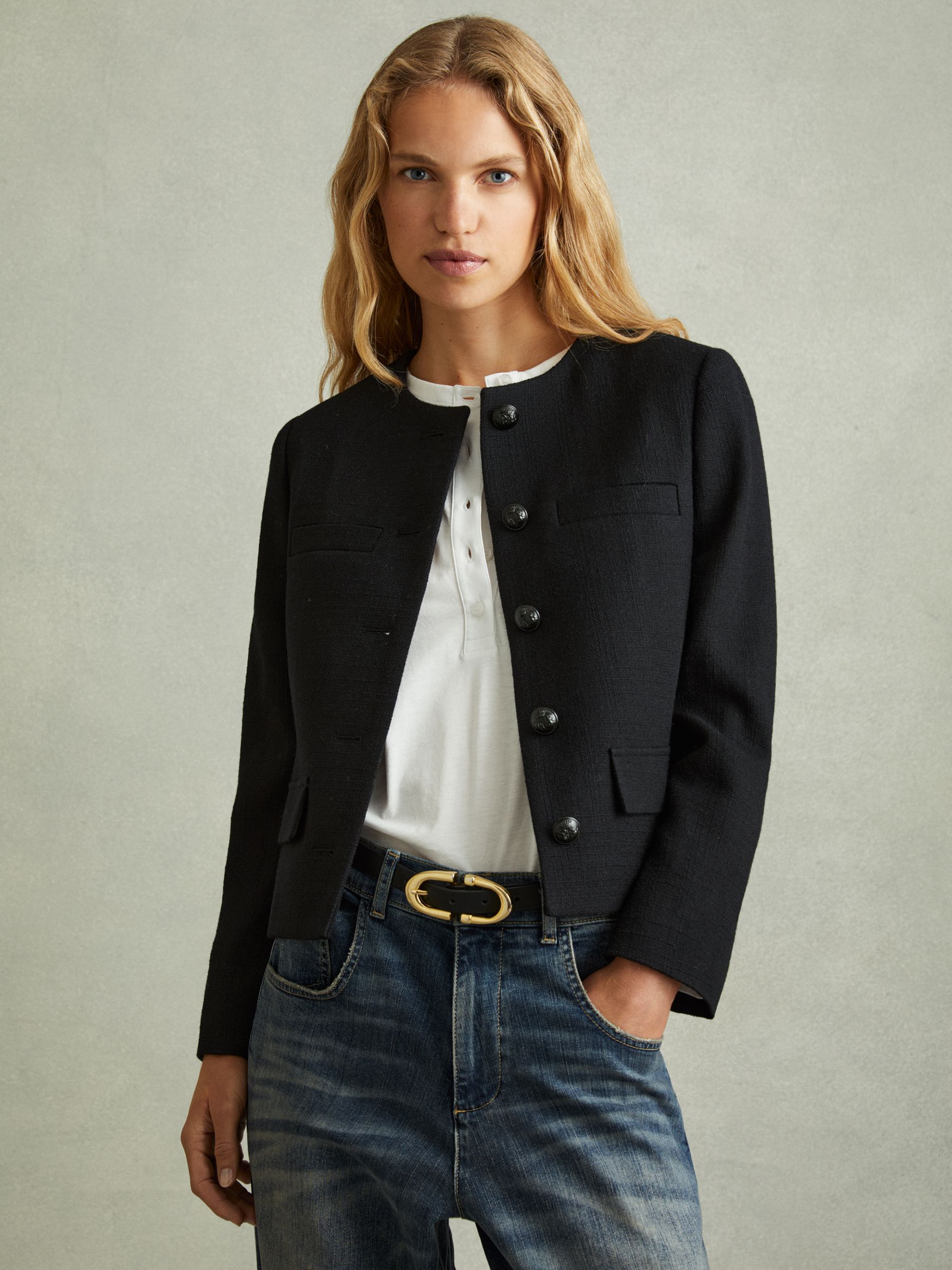 Cropped Wool Single Breasted Jacket in Black