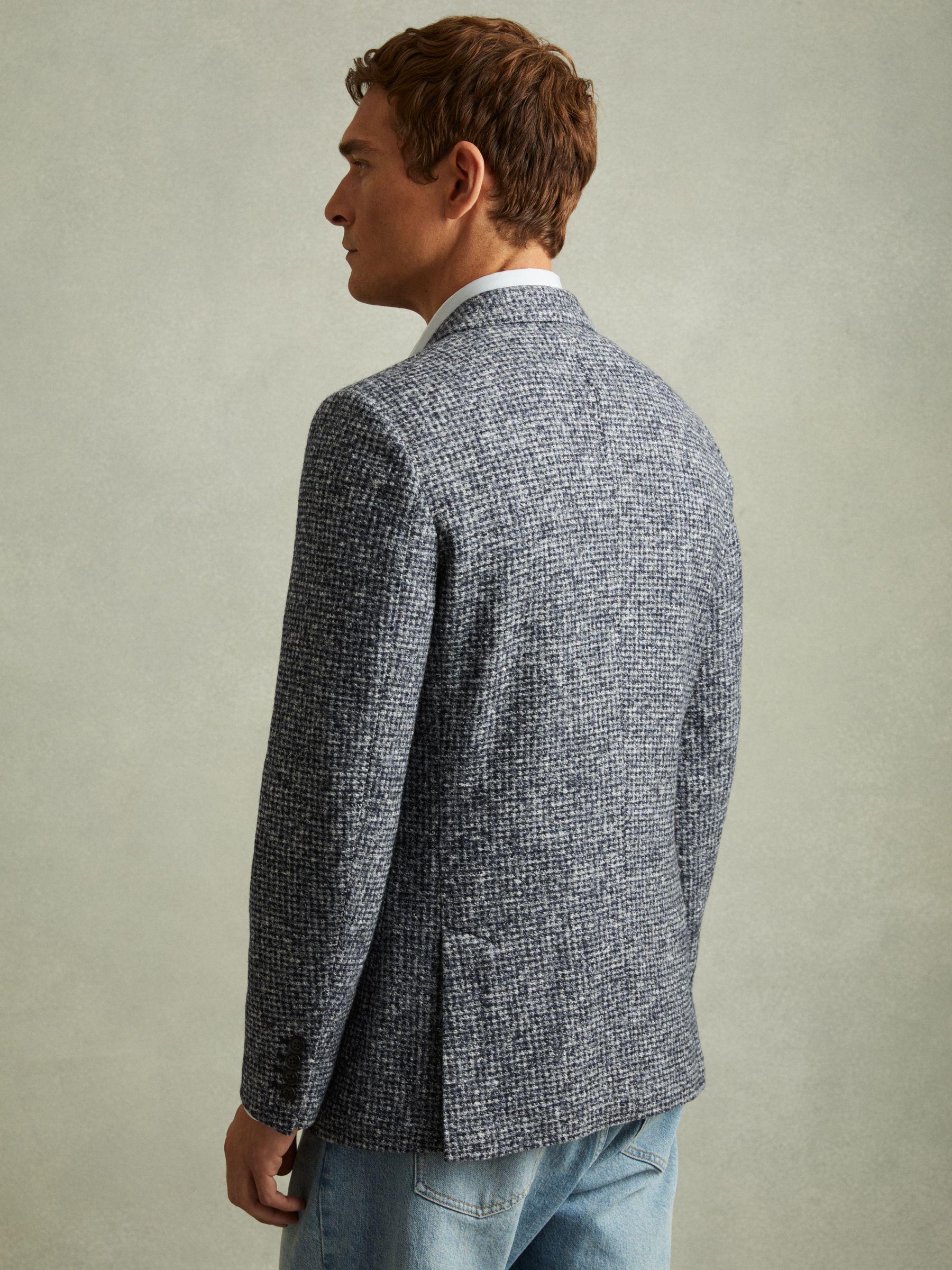 Tweed Single-Breasted Blazer with Wool in Navy/Grey