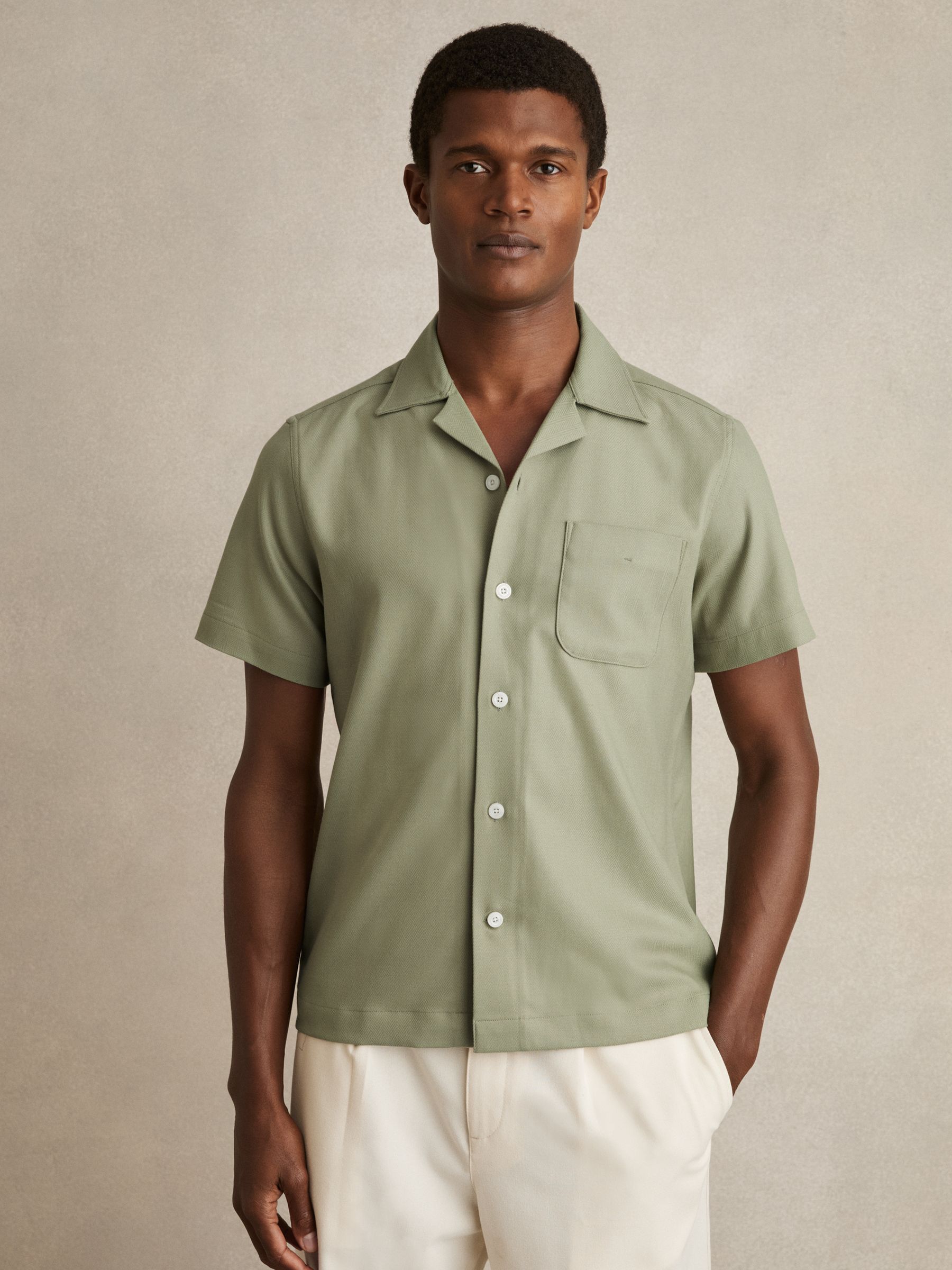 Herringbone Twill Cuban Collar Short Sleeve Shirt in Sage Green