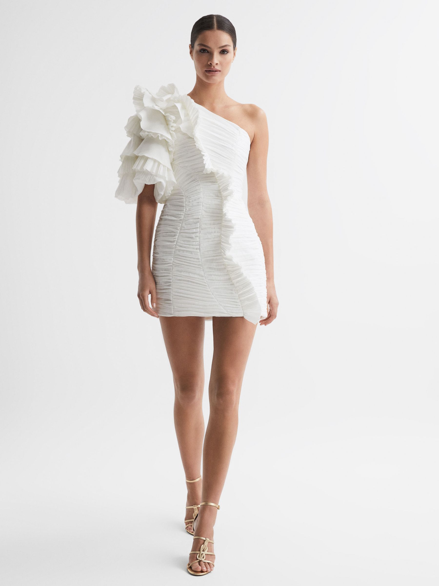 Acler One-Shoulder Ruffle Mini Dress in Ivory
