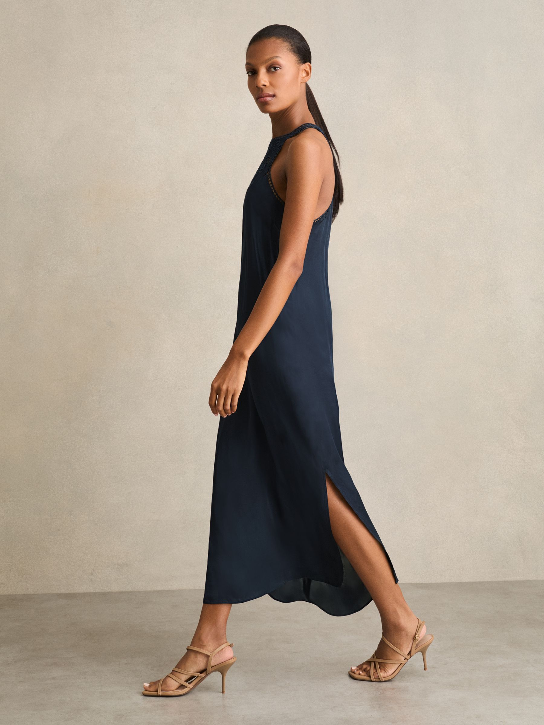 Satin Cut-Out Slip Dress in Navy