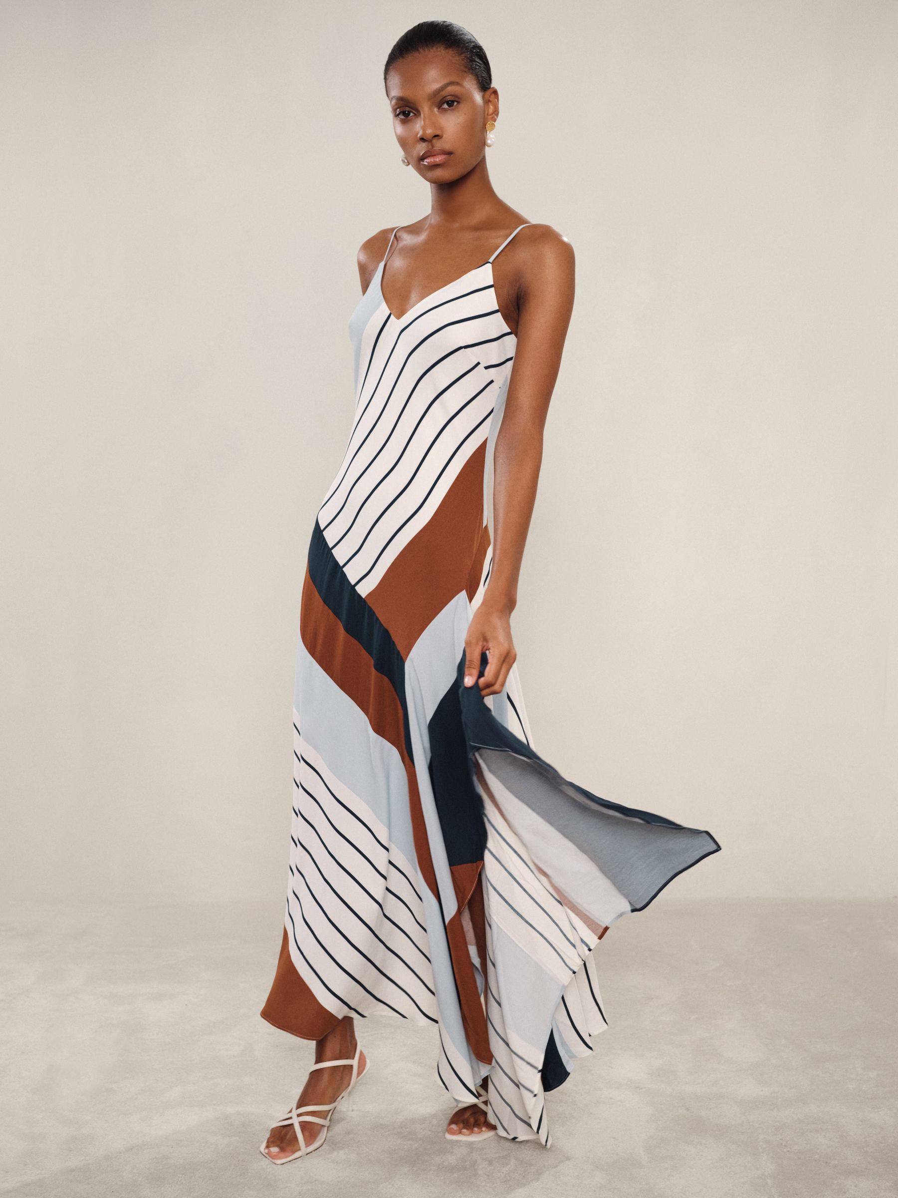 Stripe-Print Handkerchief Maxi Dress in Blue/Brown