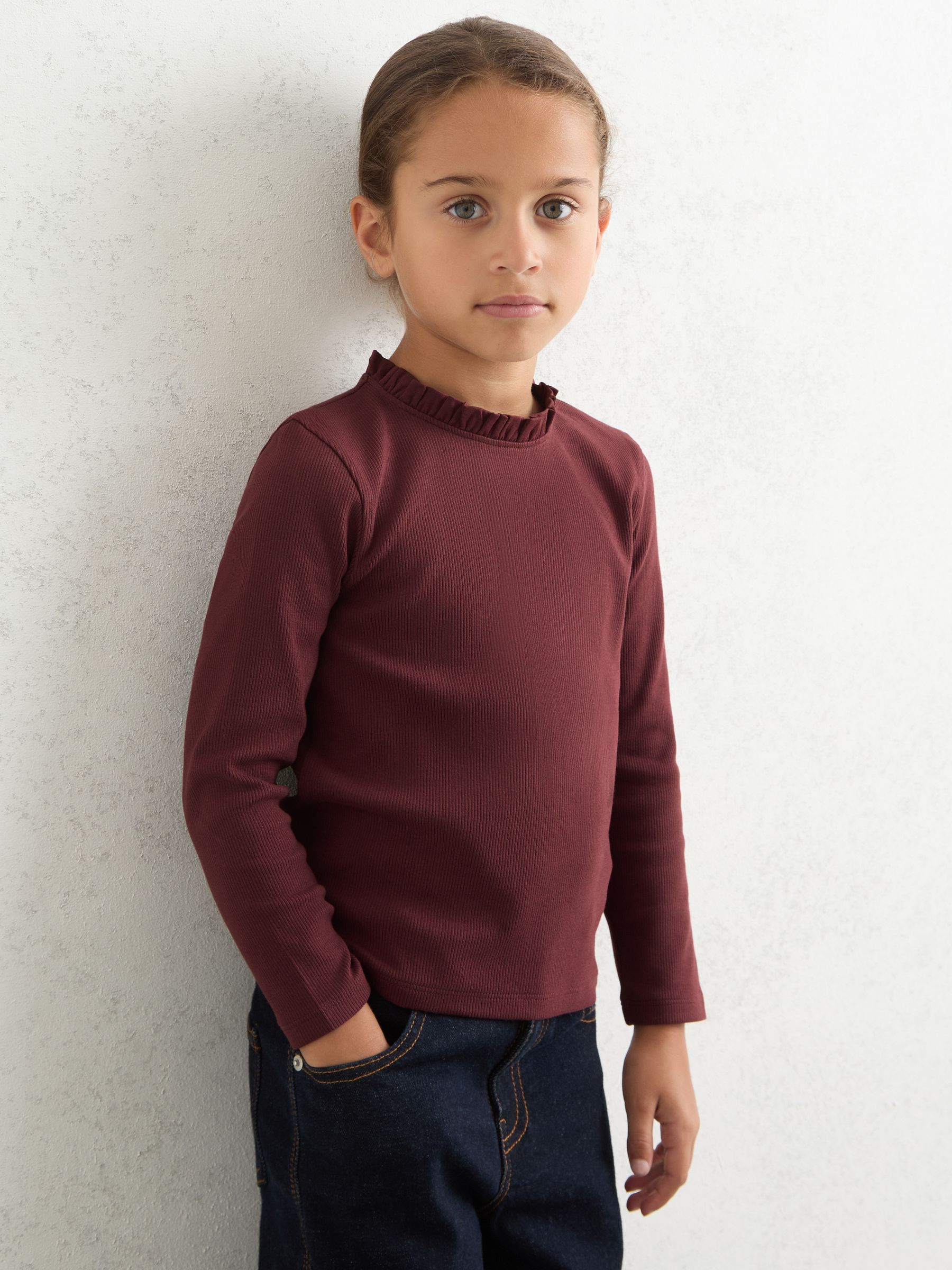 3-9 yrs Stretch-Cotton Ruffle-Neck Top in Burgundy