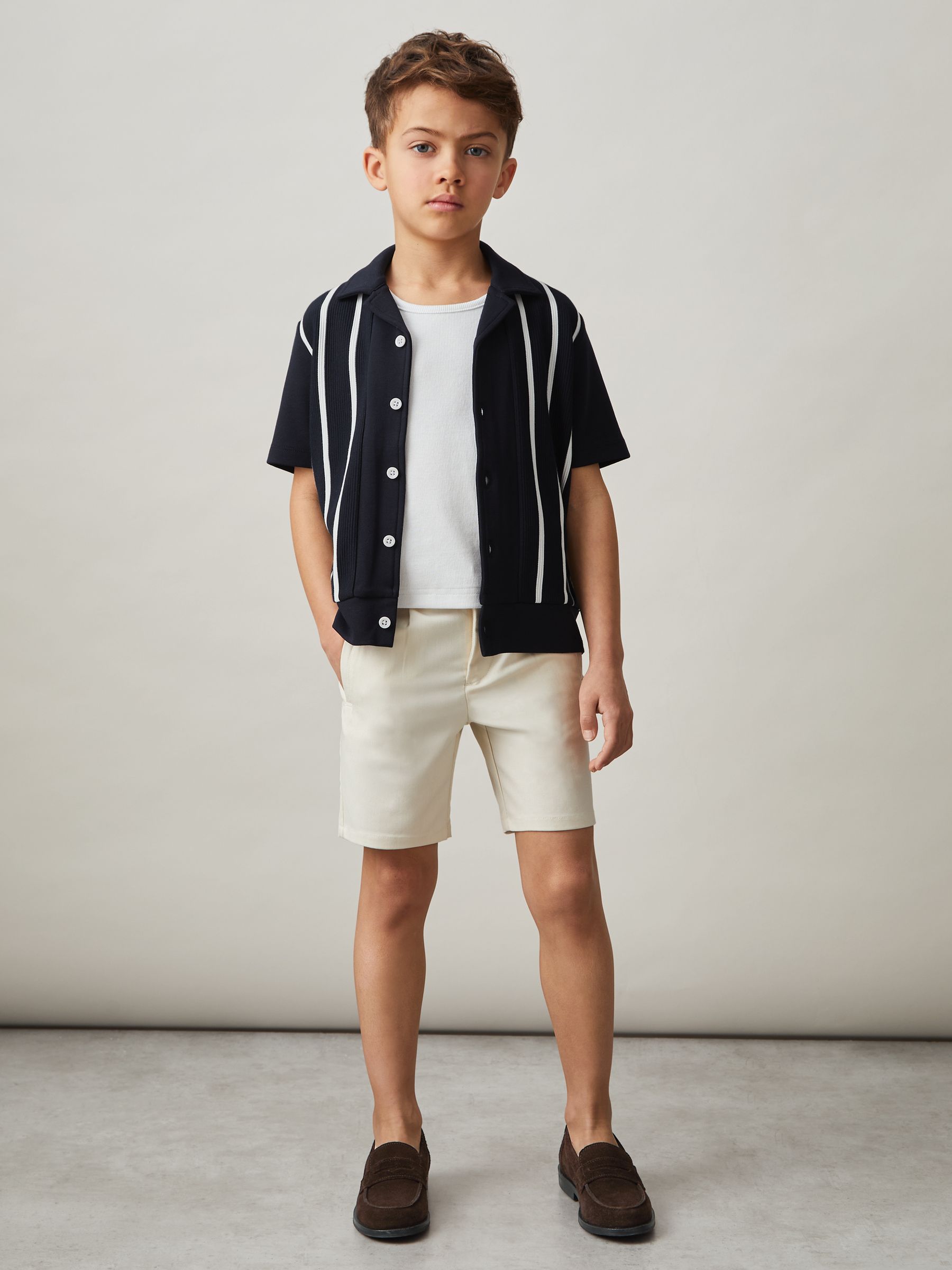 9-13 yrs Stripe Cuban Collar Shirt in Navy/White