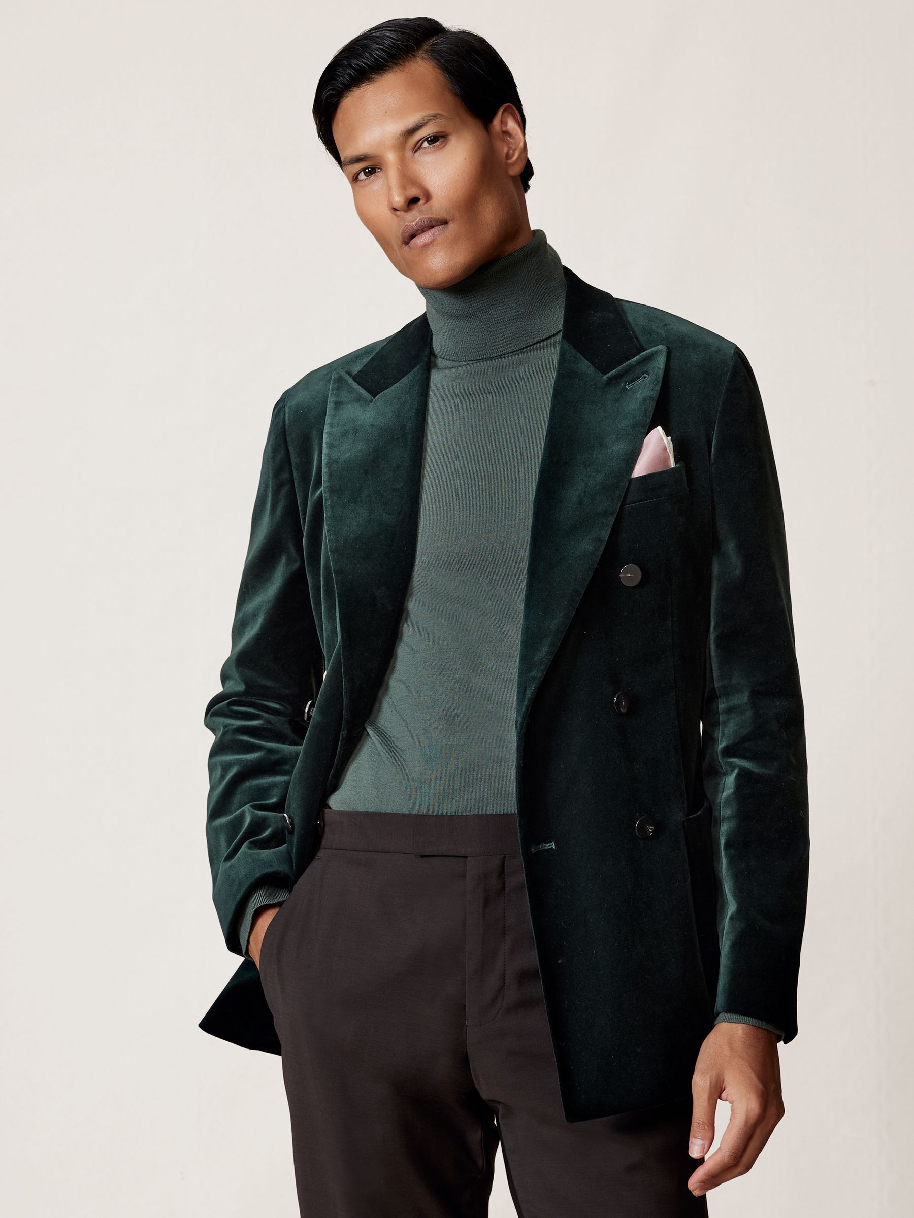 Double-Breasted Velvet Blazer Regular-Fit in Emerald Green