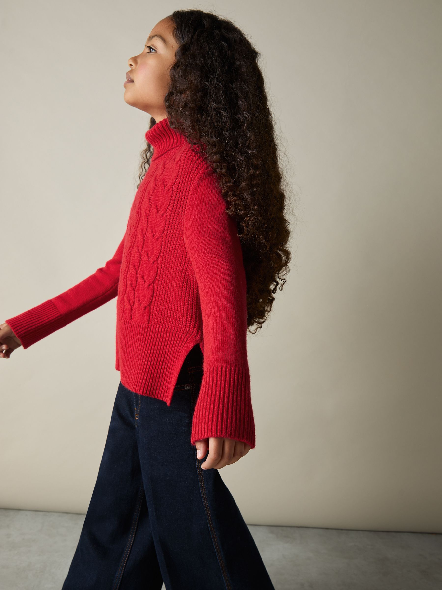 9-13 yrs Wool-Blend Cable-Knit Roll-Neck Jumper in Red