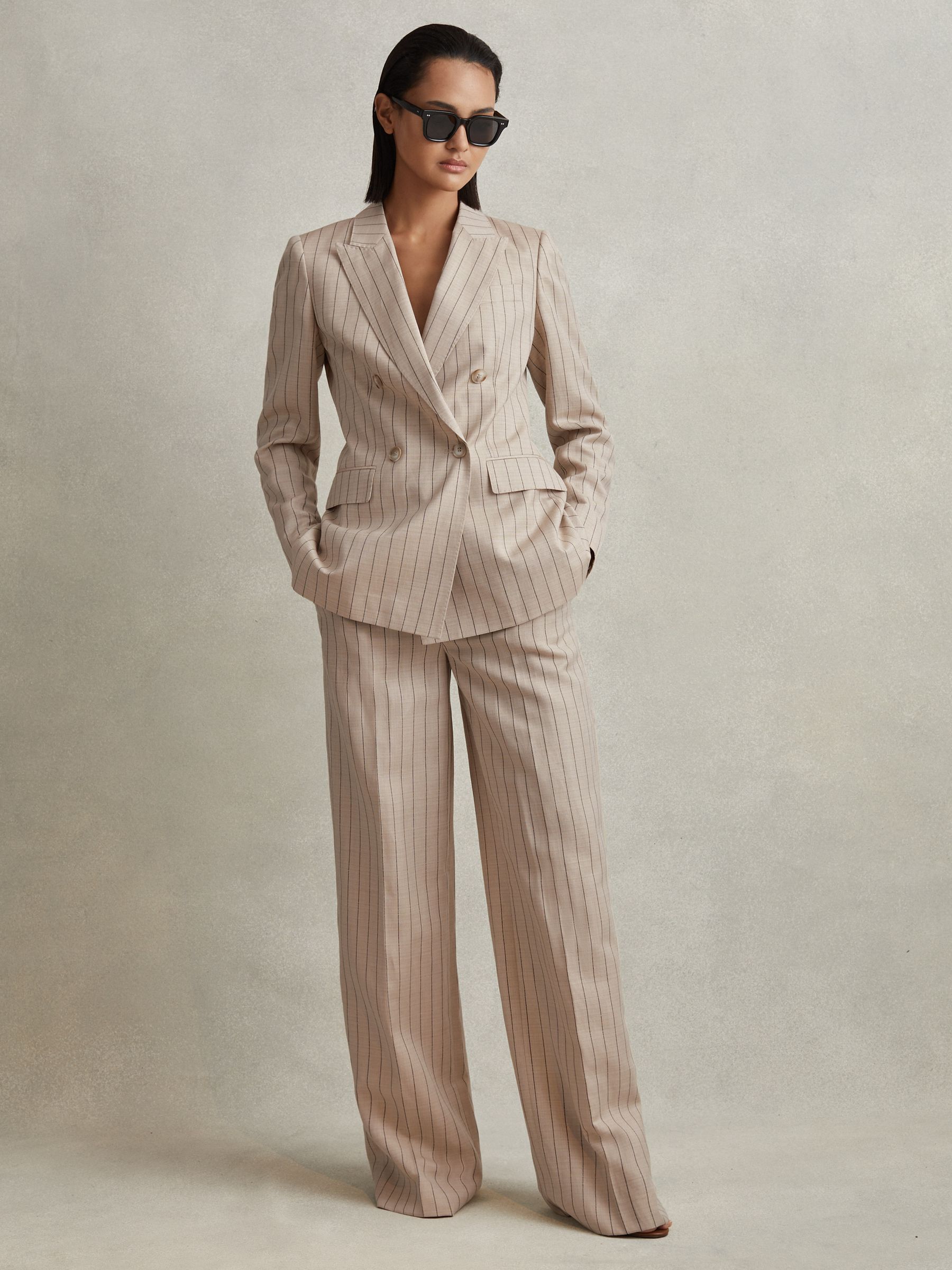 Wool Blend Striped Wide Leg Trousers in Neutral