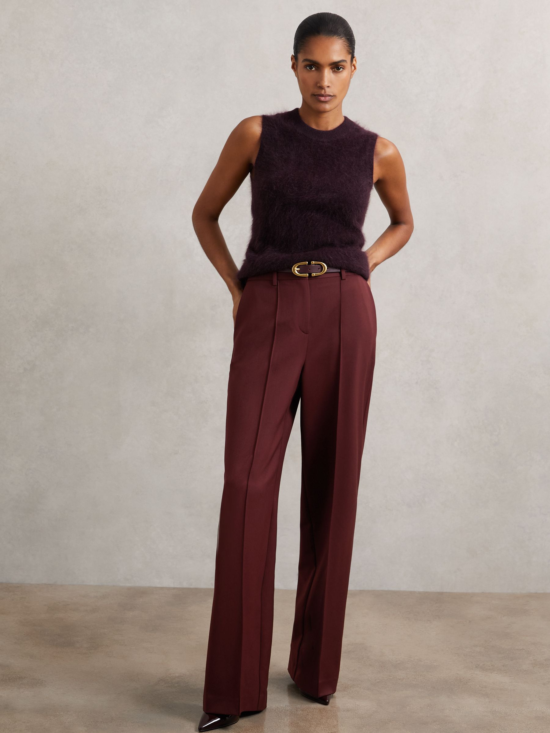 Petite Wide-Leg Pintuck Trousers in Burgundy