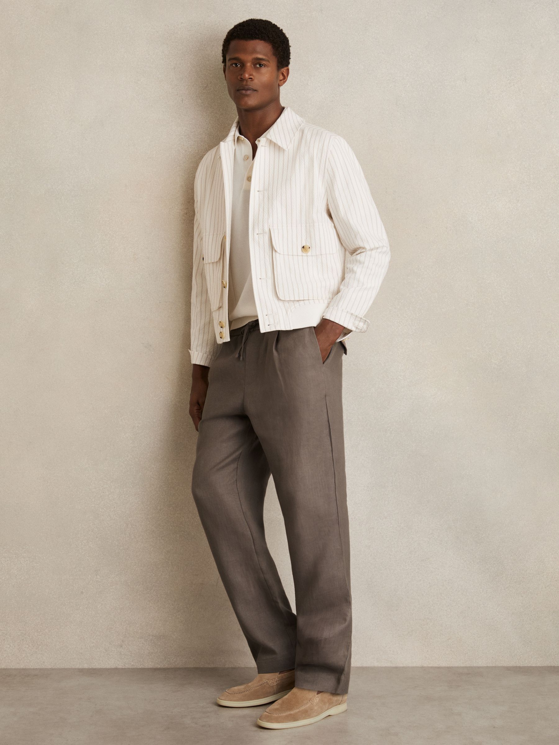 Linen Drawstring Relaxed-Fit Trousers in Mushroom Brown