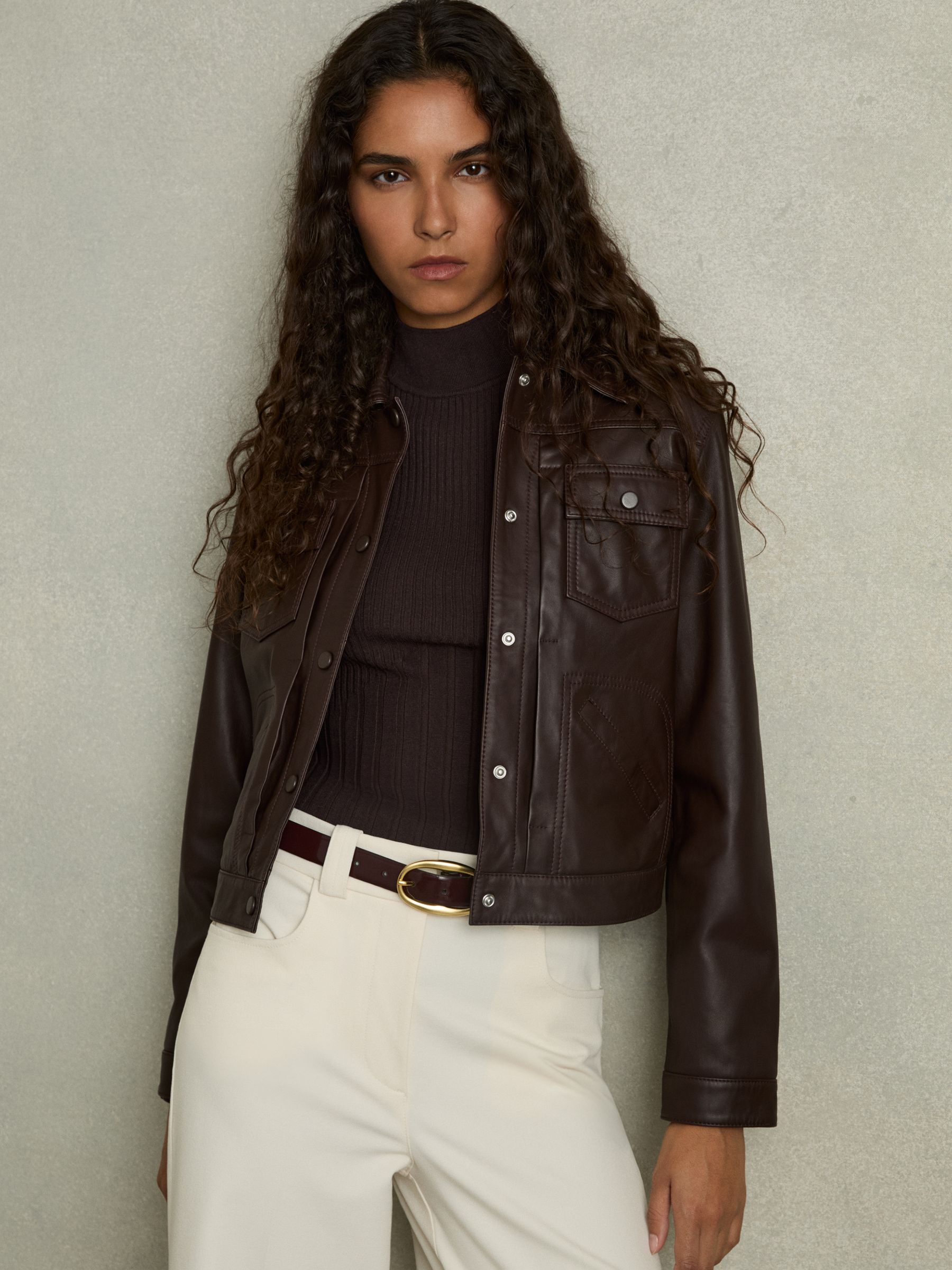 Rib-Knit High-Neck Top in Burgundy