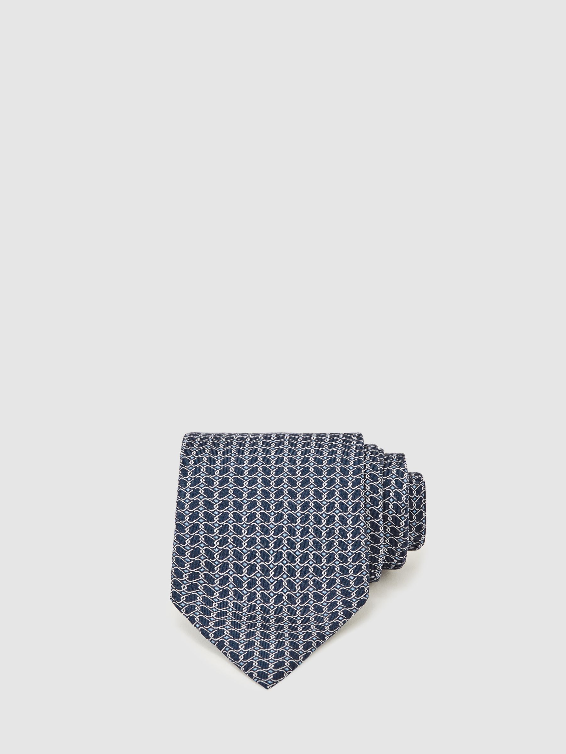 Silk Geometric-Chain Print Tie in Navy
