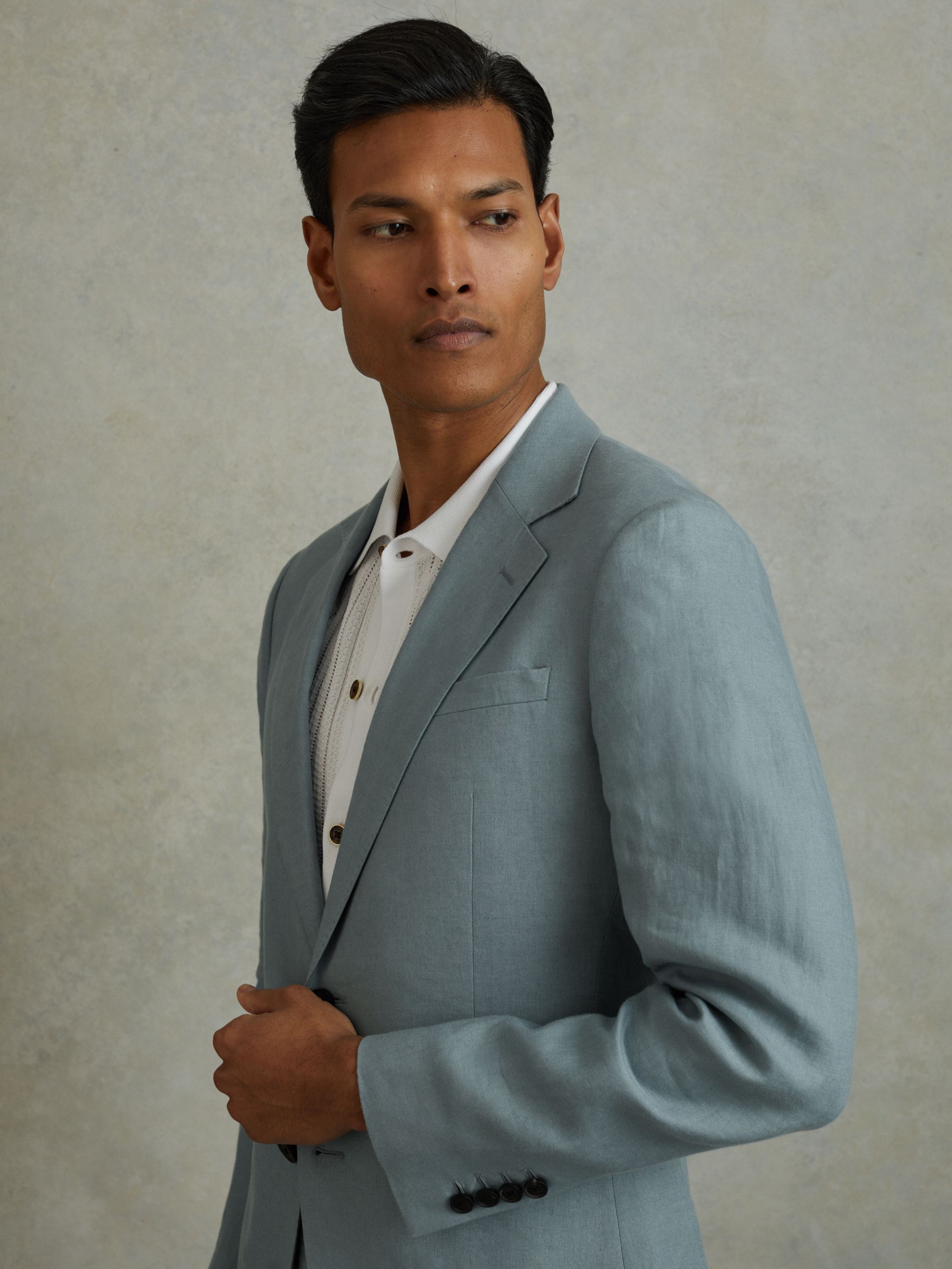 Single-Breasted Linen Suit Blazer Slim Fit in Aqua Blue