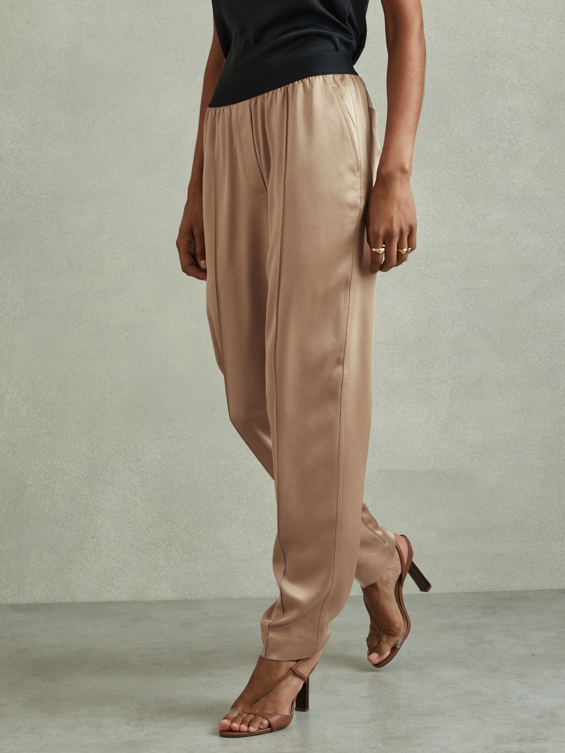 Elea Champagne Satin Elasticated Tapered Trousers