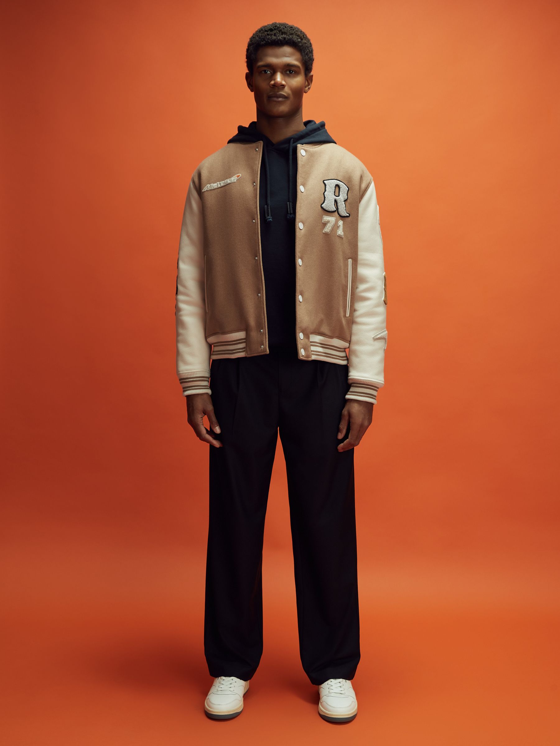 McLaren F1 Leather Varsity Jacket in Camel/Ecru