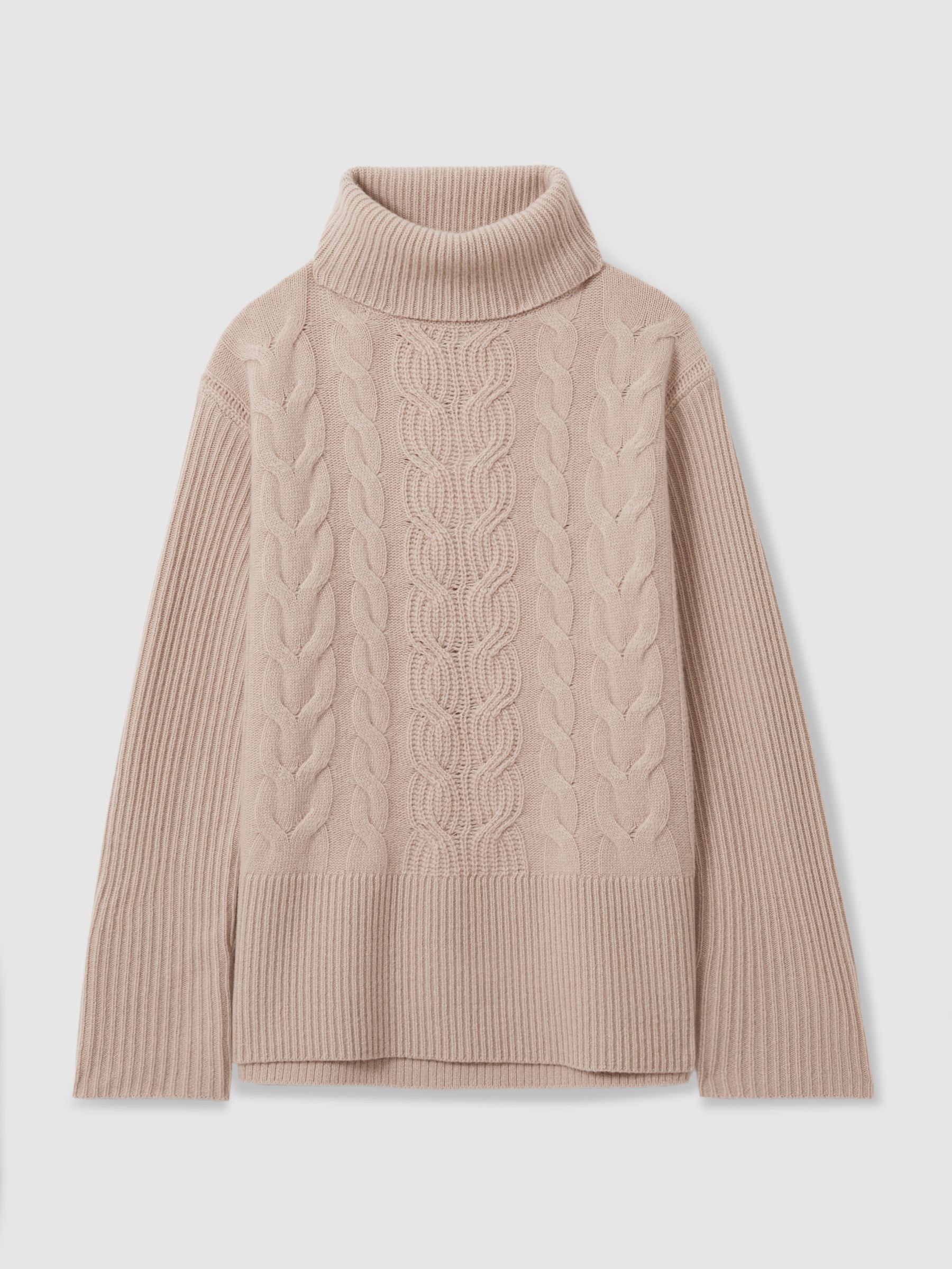 Wool-Cashmere Cable Knit Roll Neck Jumper in Mink