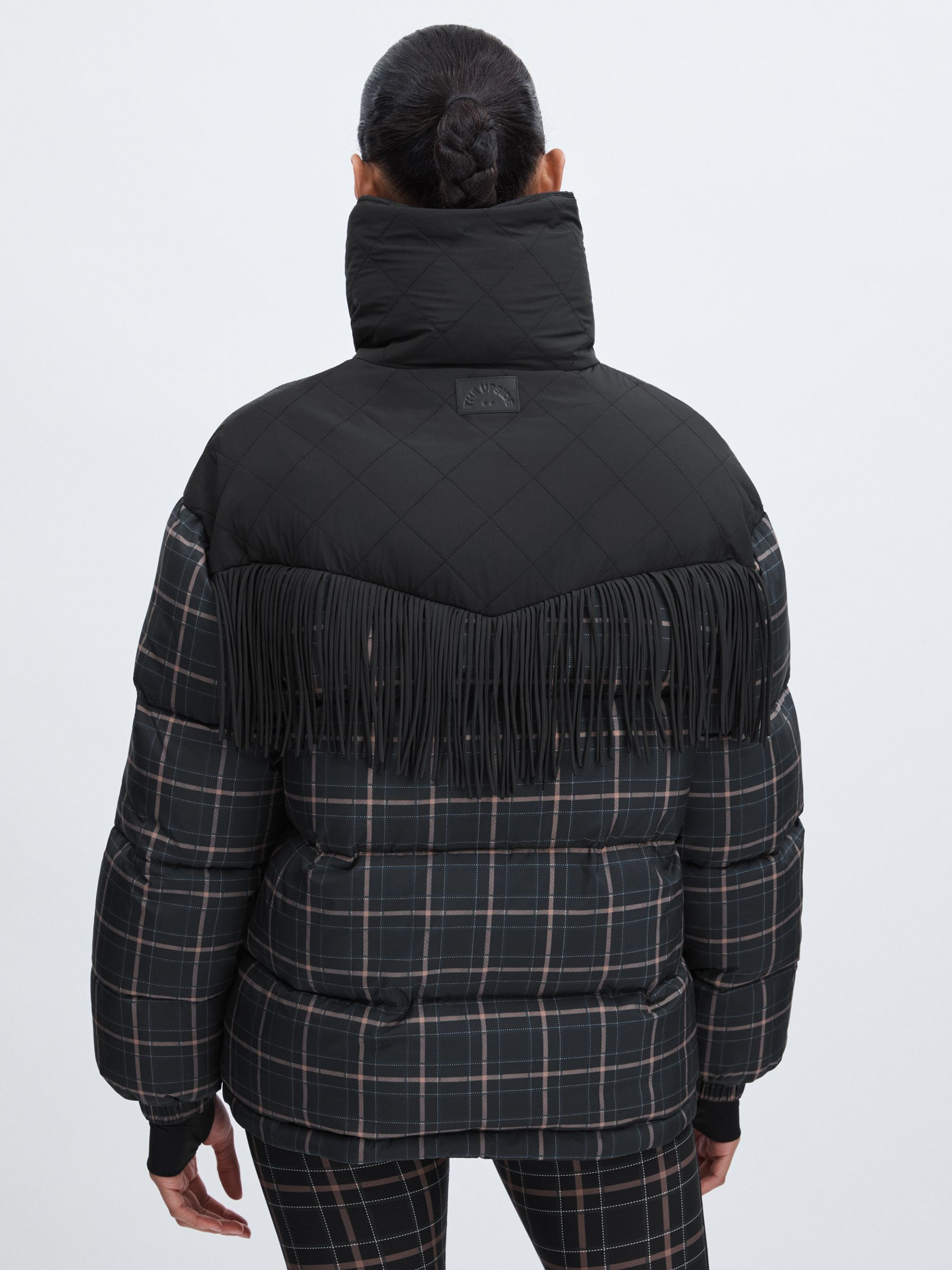 The Upside Fringed Check Puffer Coat in Black Check