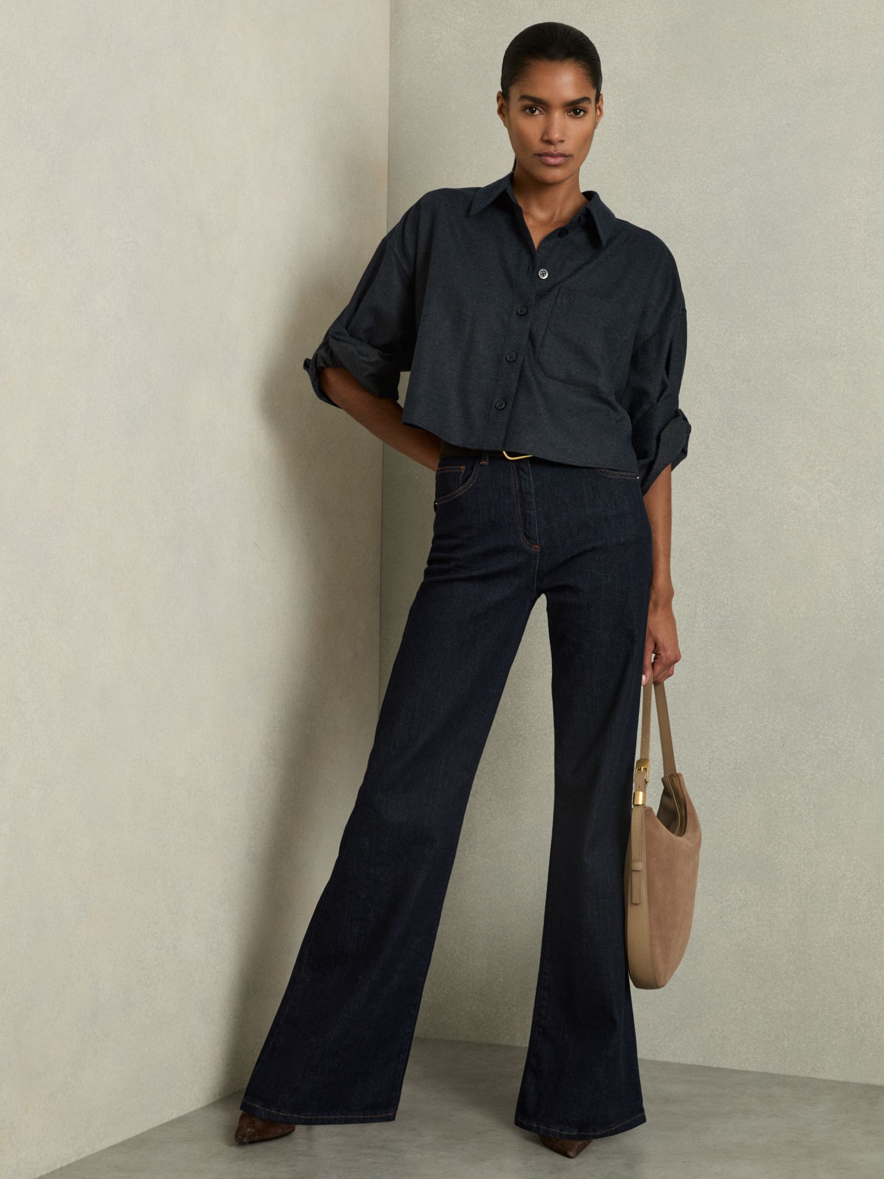 Cropped Flannel Shirt in Navy