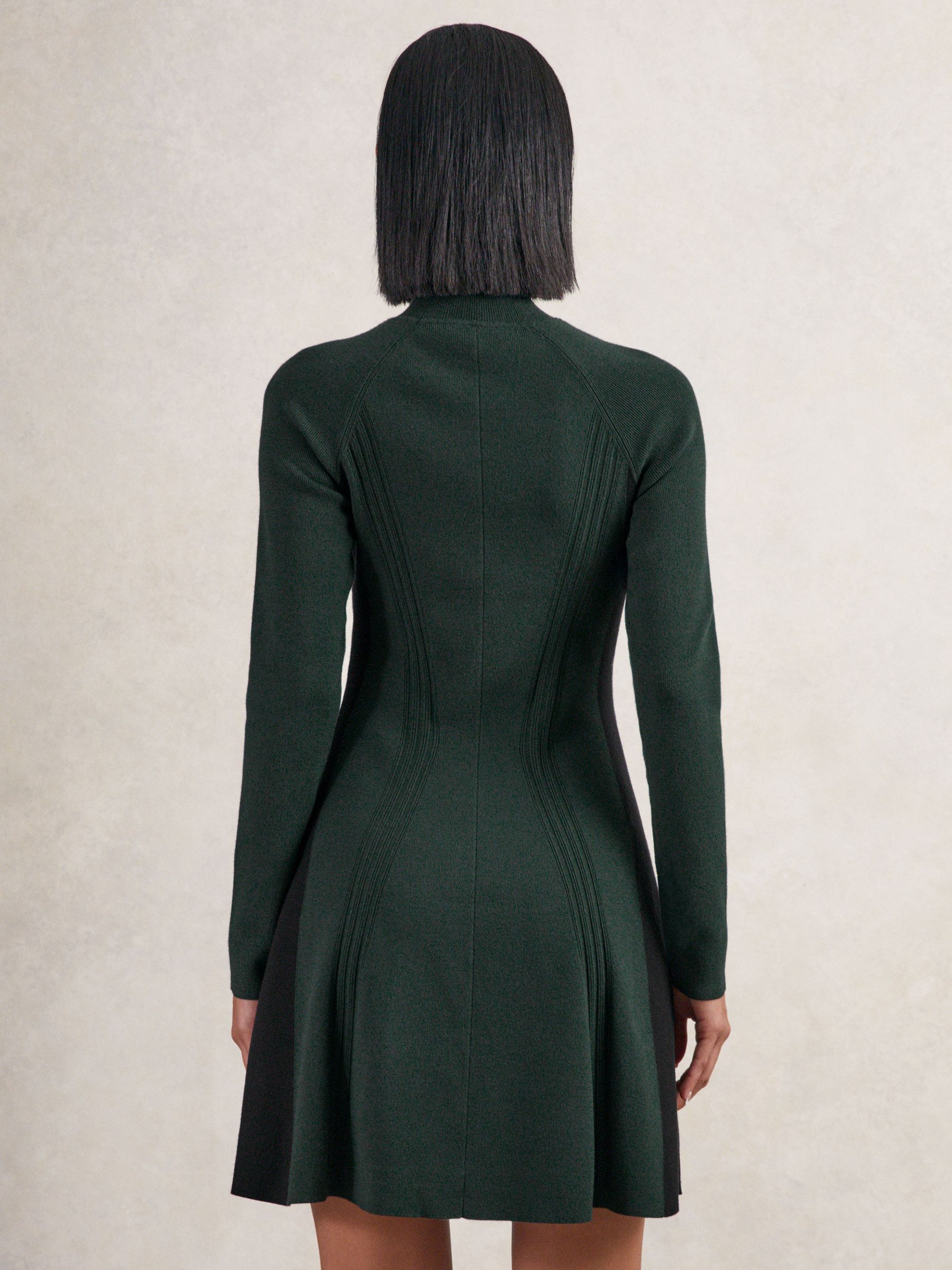 Knitted Contrast-Panel Skater Dress in Green/Black