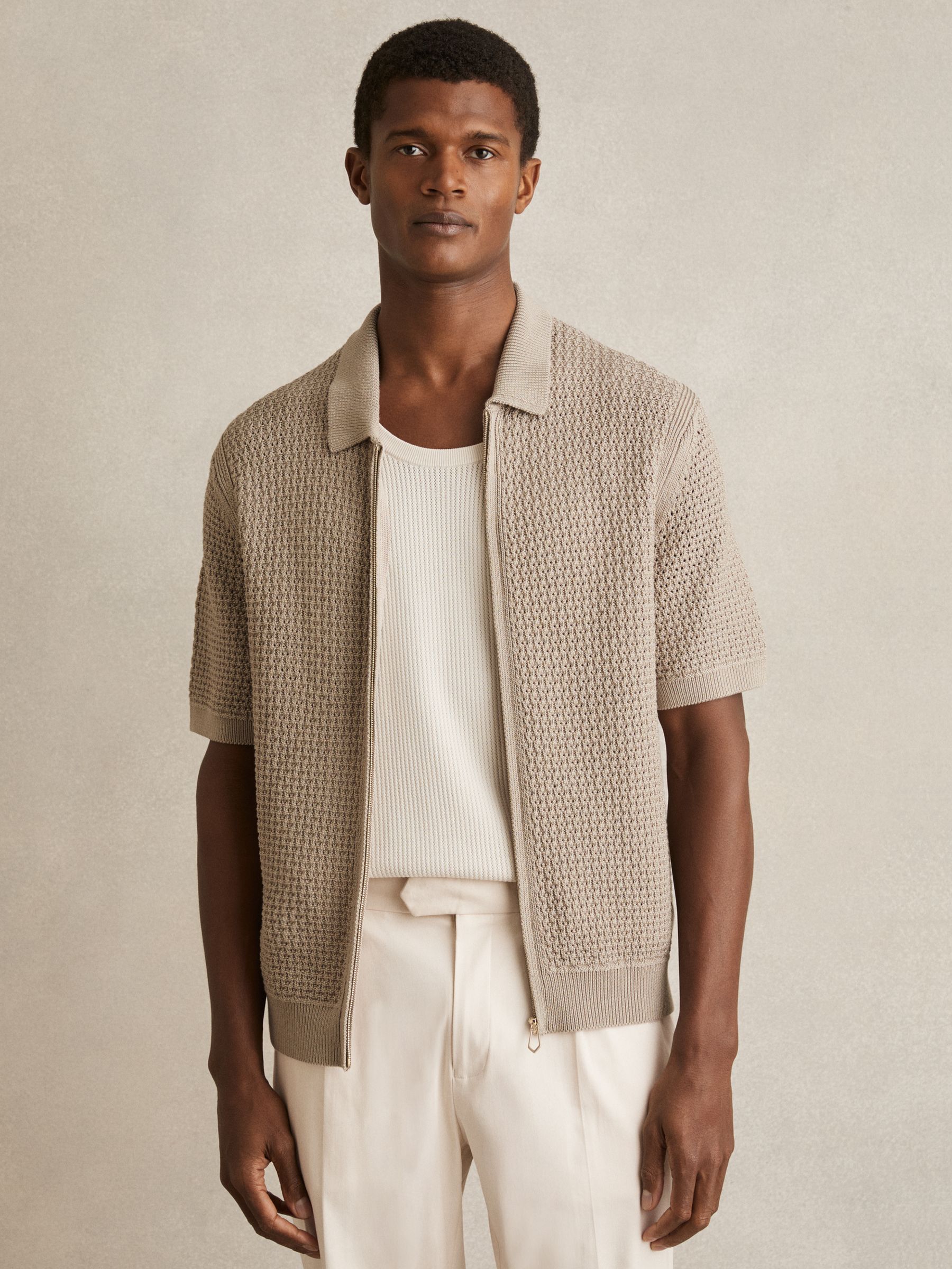 Textured-Knit Zip-Through Shirt in Stone