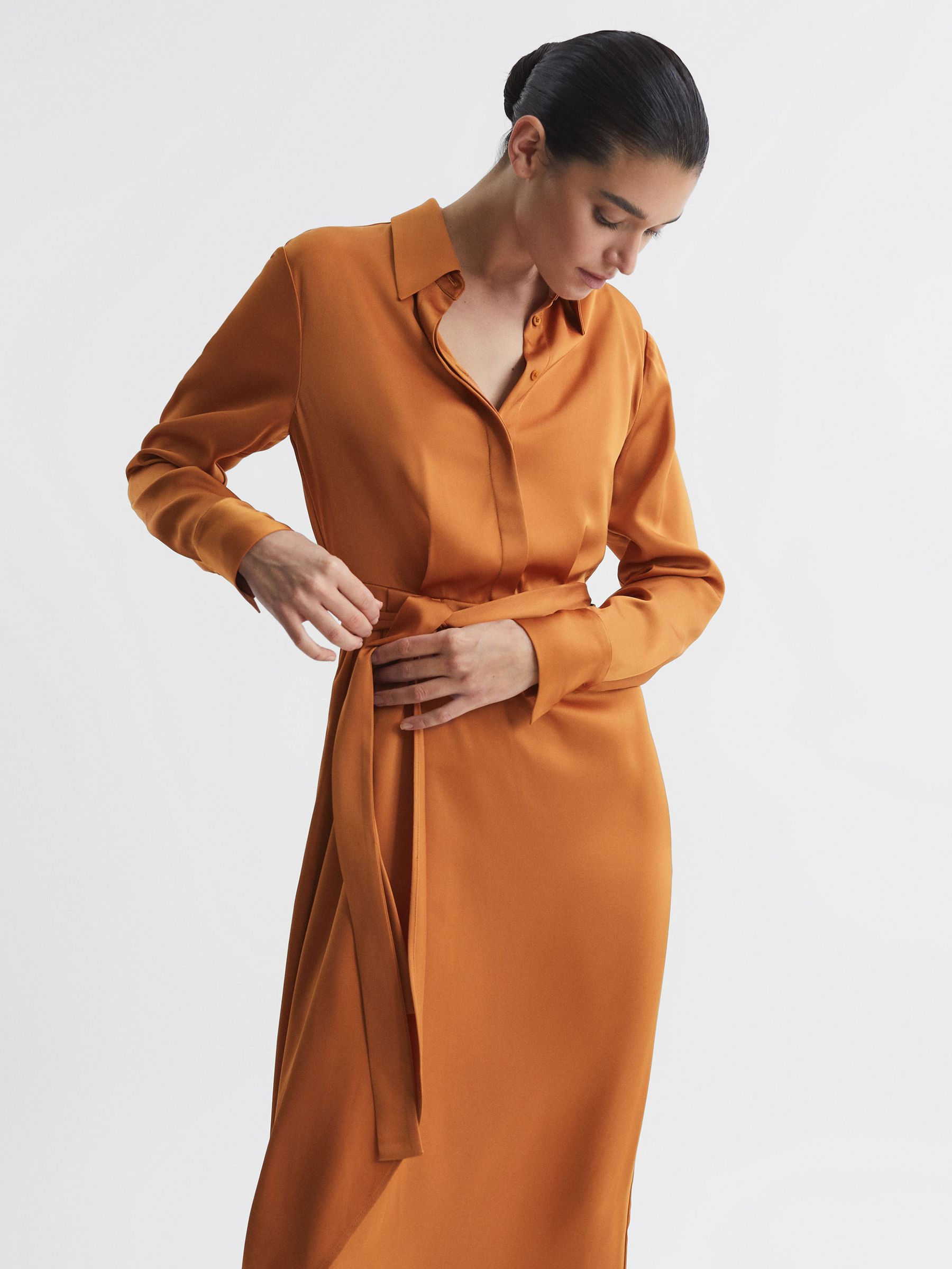 Satin Shirt-Style Midi Dress in Rust