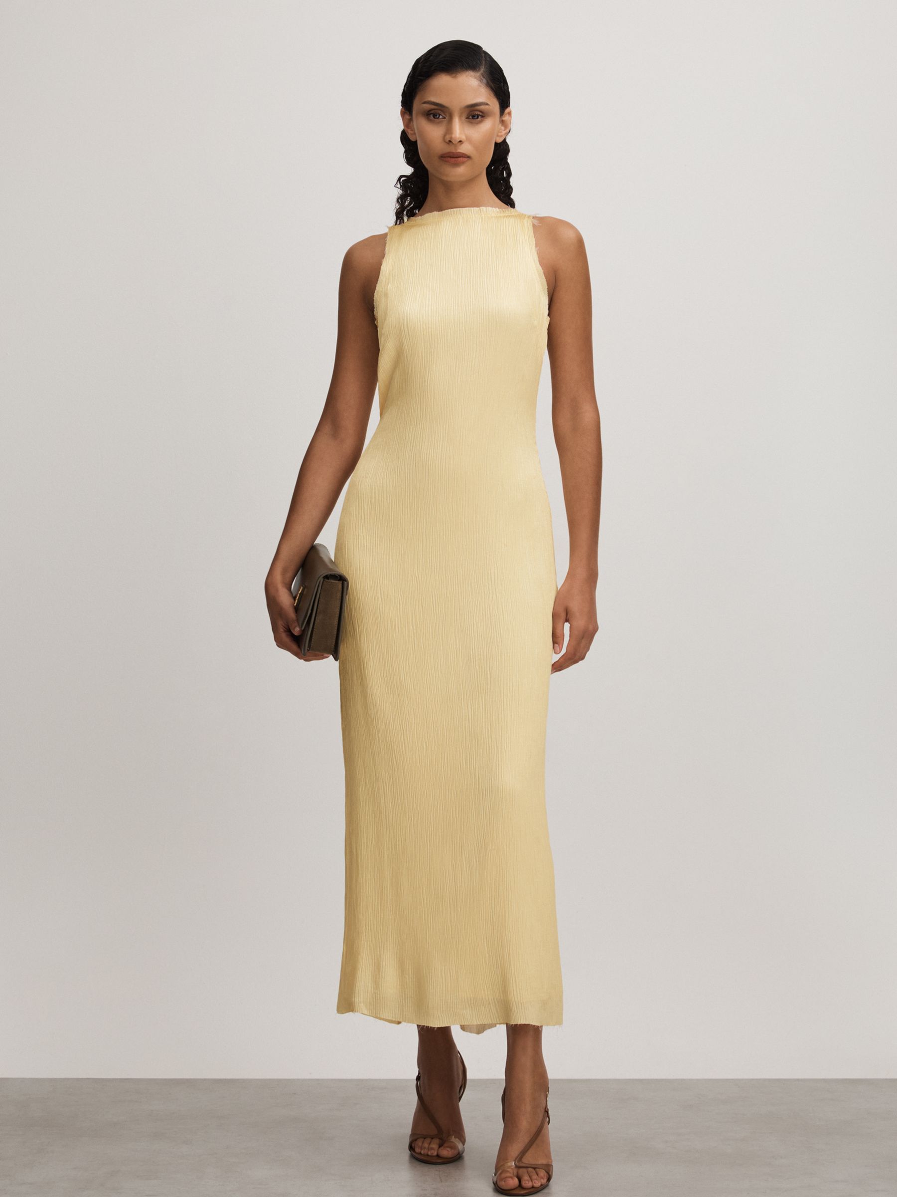 Enya Buttercup Anna Quan Plisse Raw Hem Maxi Dress