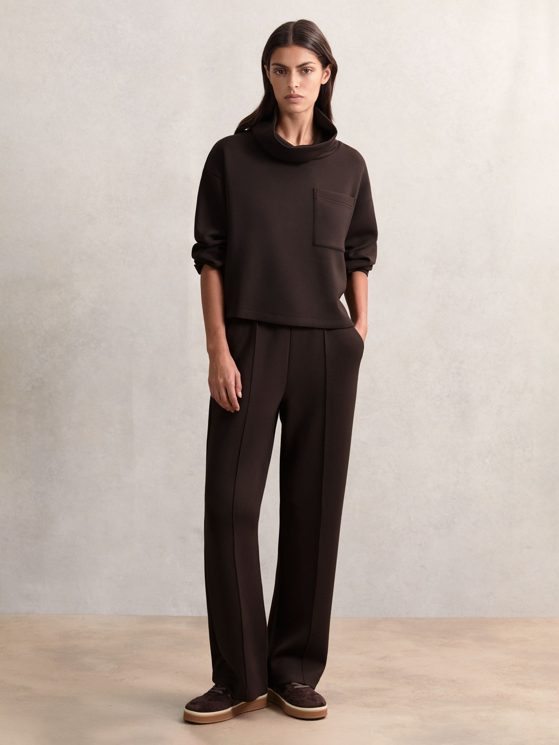 Modal-Blend Interlock Wide-Leg Joggers in Dark Chocolate Brown