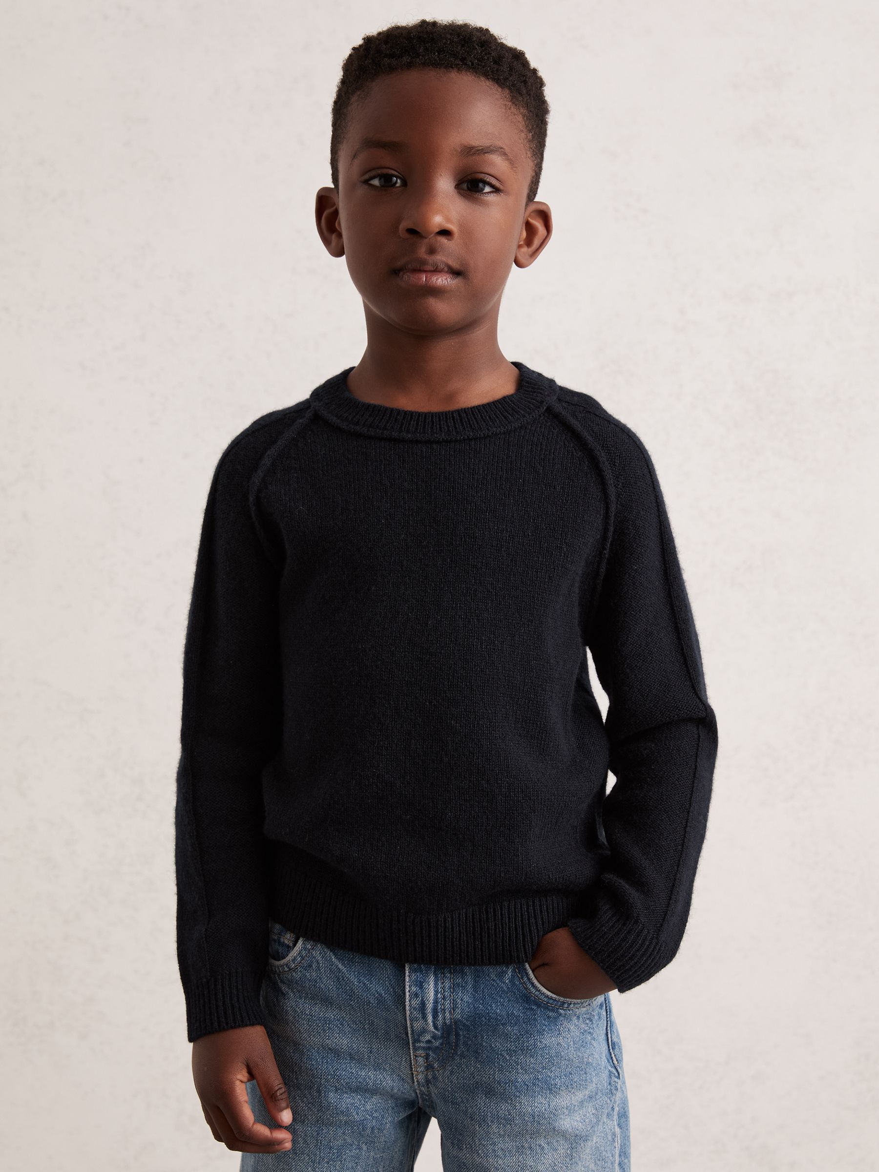 9-13 yrs Wool-Cashmere Reverse-Seam Jumper in Navy