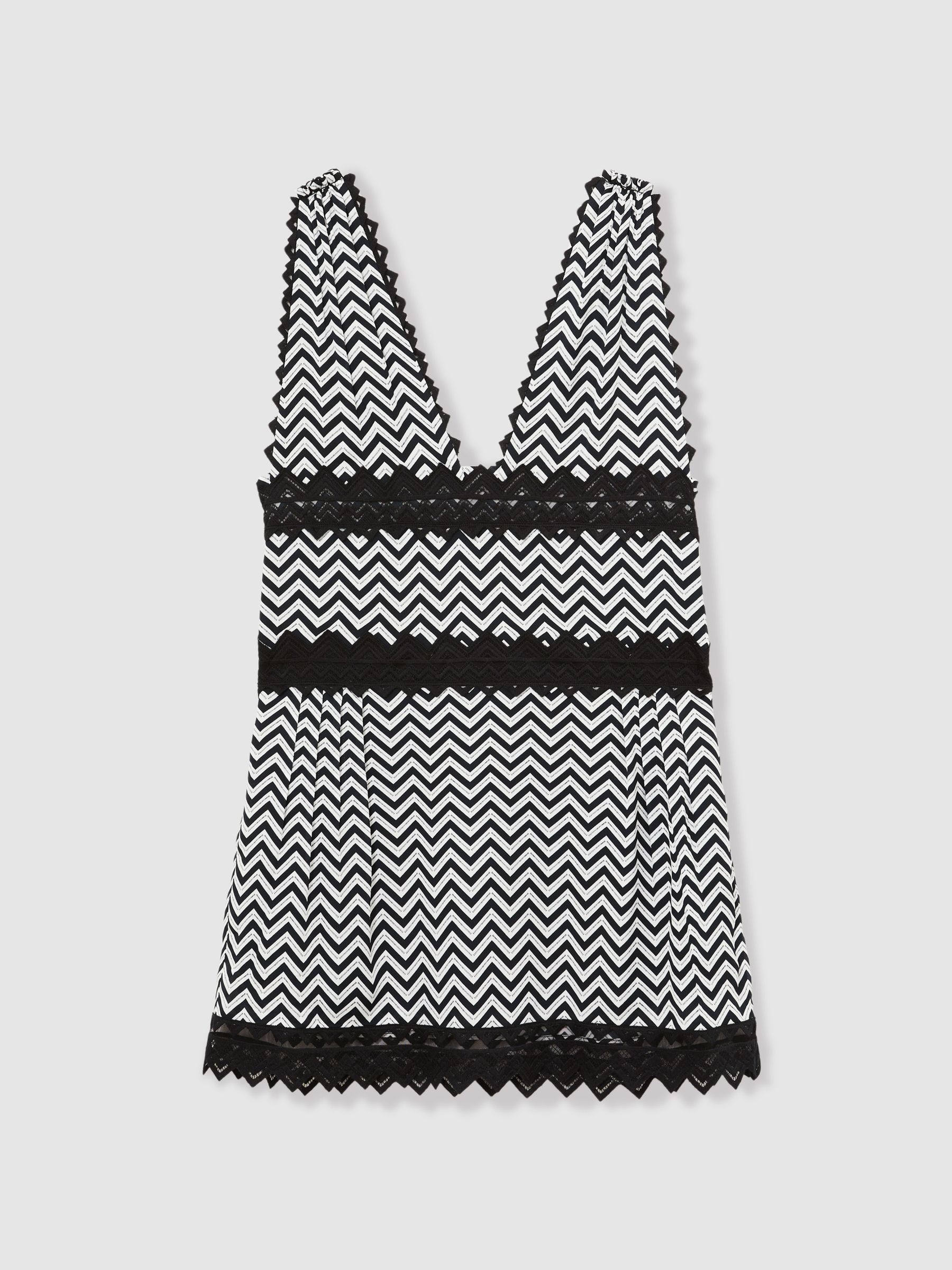 Zig-Zag Print Lace-Trim Mini Dress in Navy