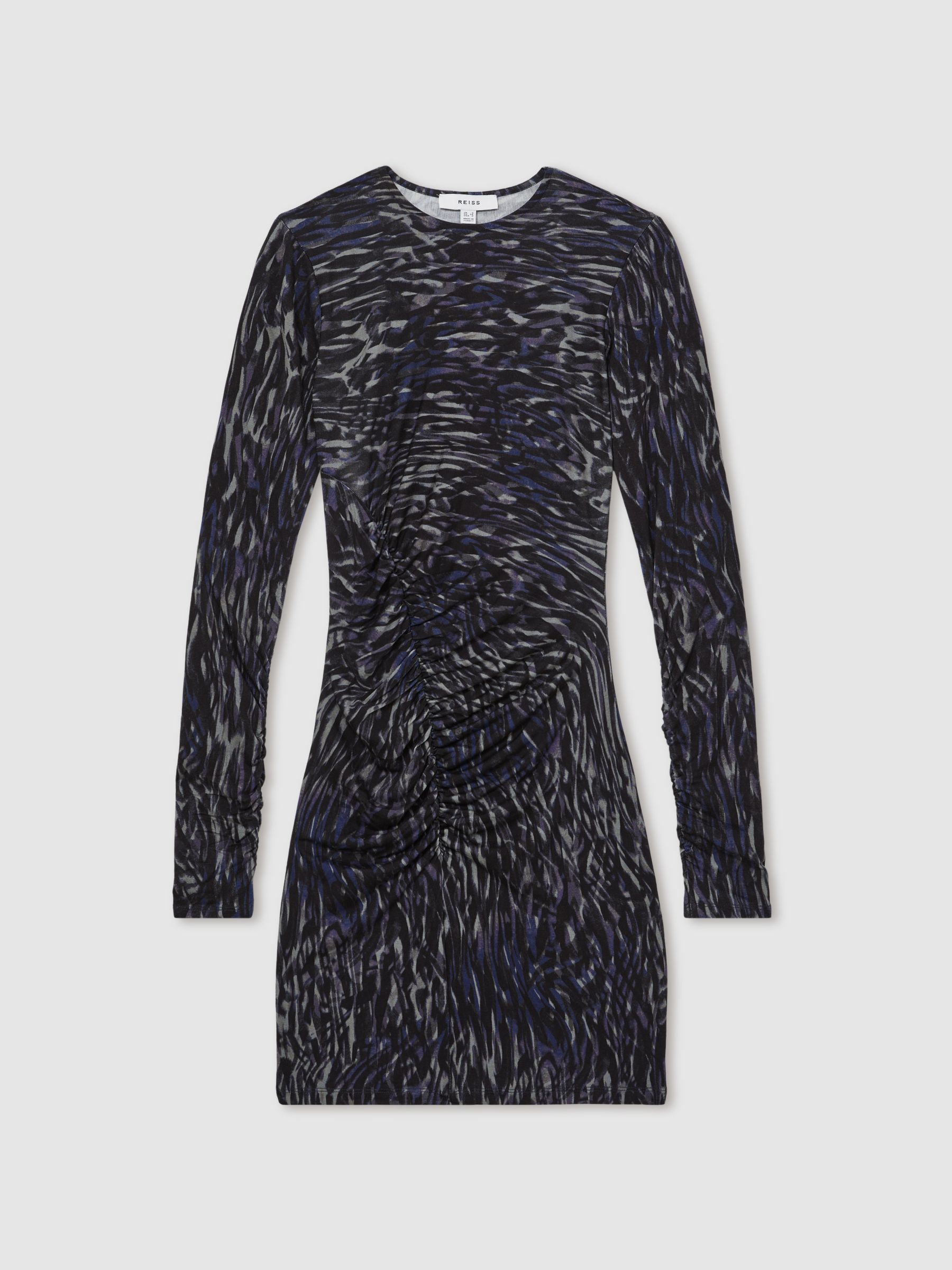 Printed Jersey Ruched Mini Dress in Charcoal