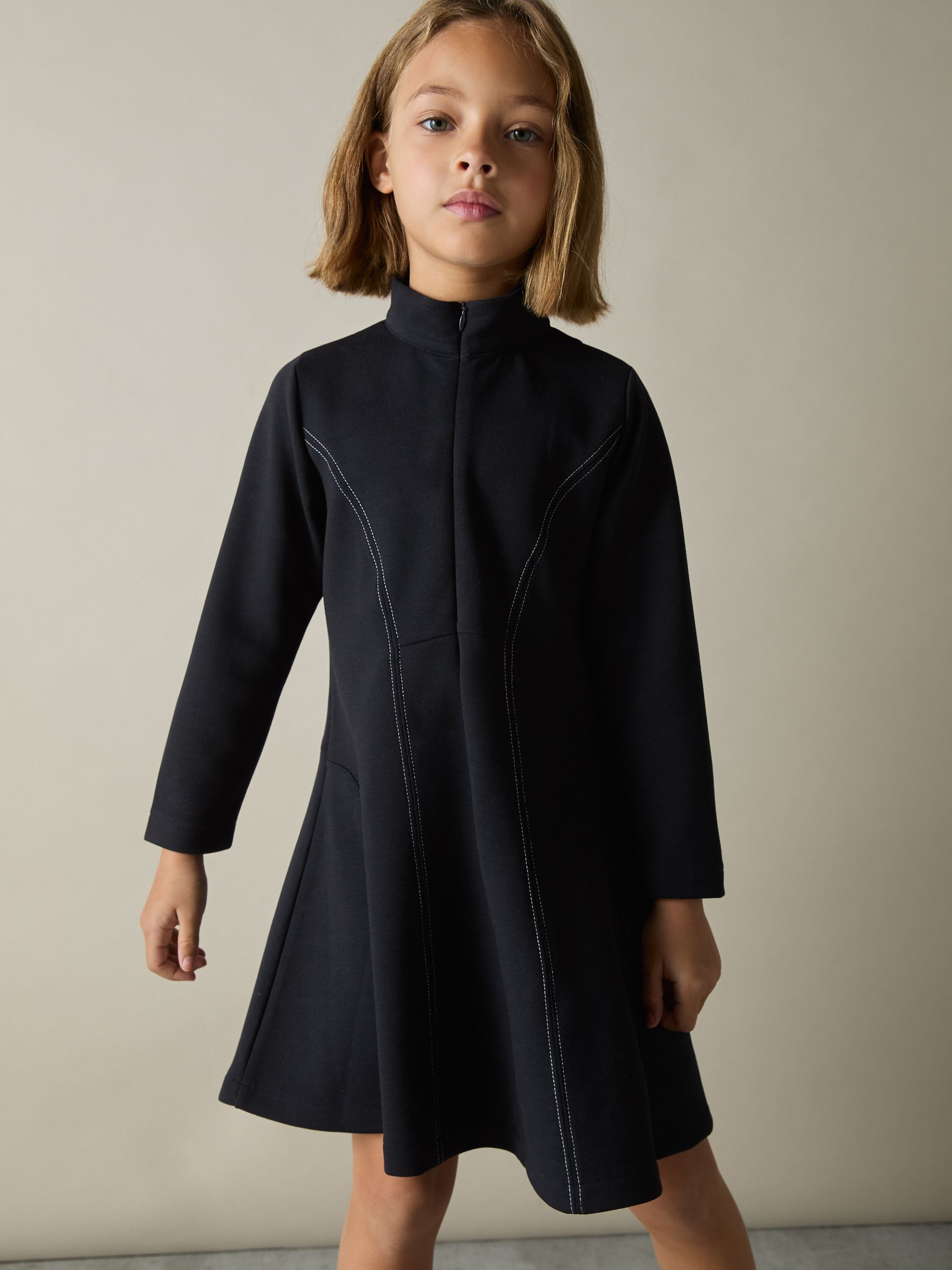 9-13 yrs Jersey Contrast-Stitch Flared Dress in Navy