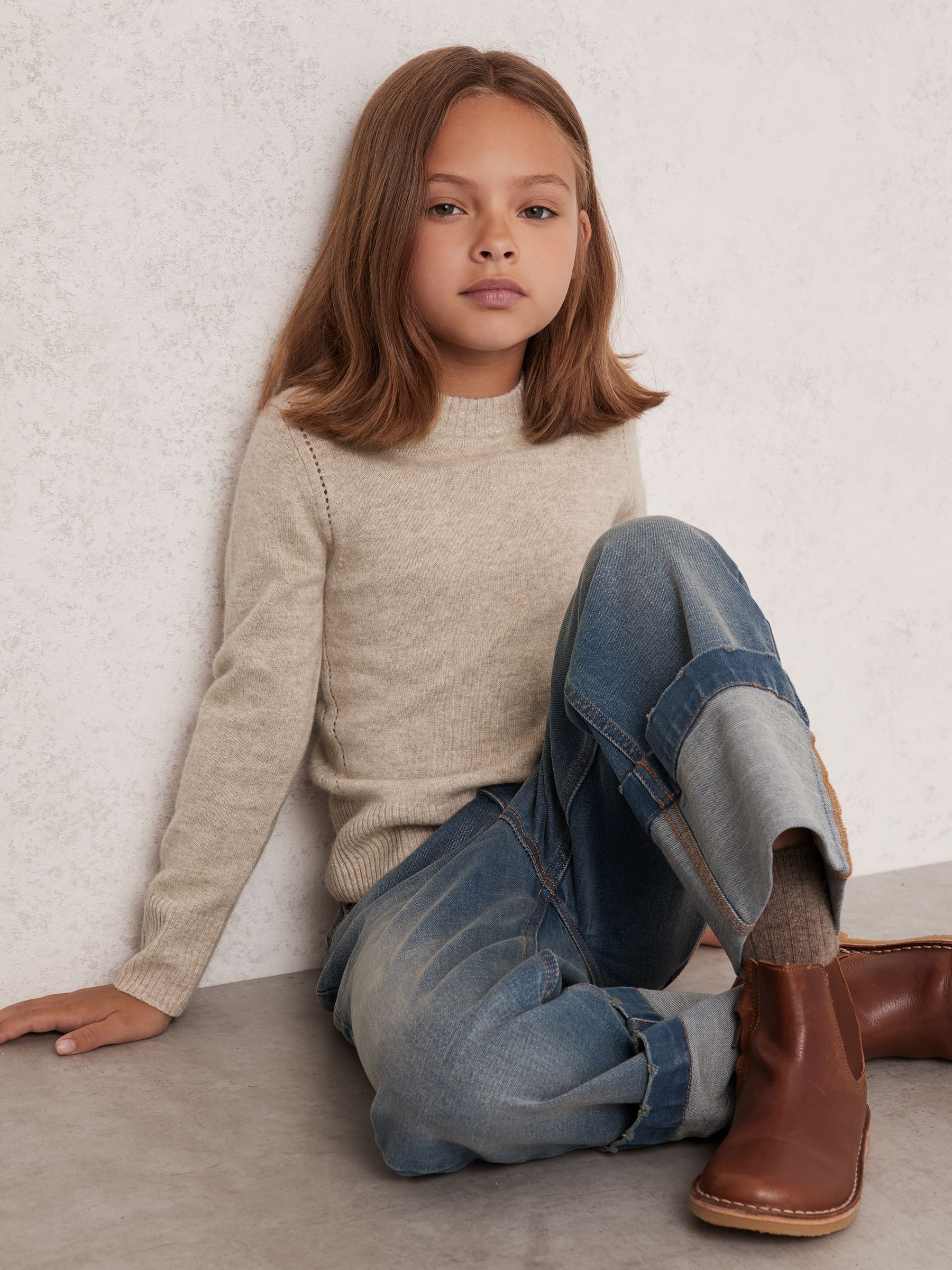 3-9 yrs Wool-Blend Open-Stitch Jumper with Cashmere in Oatmeal