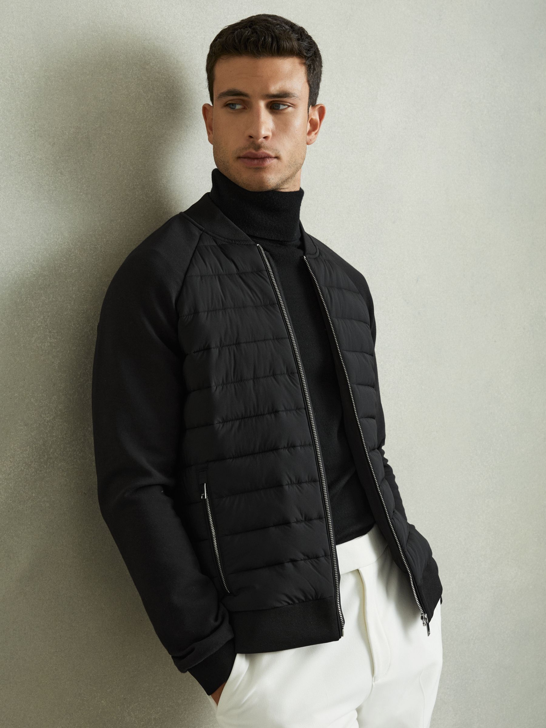 Hybrid Quilt Raglan-Sleeve Bomber Jacket in Black