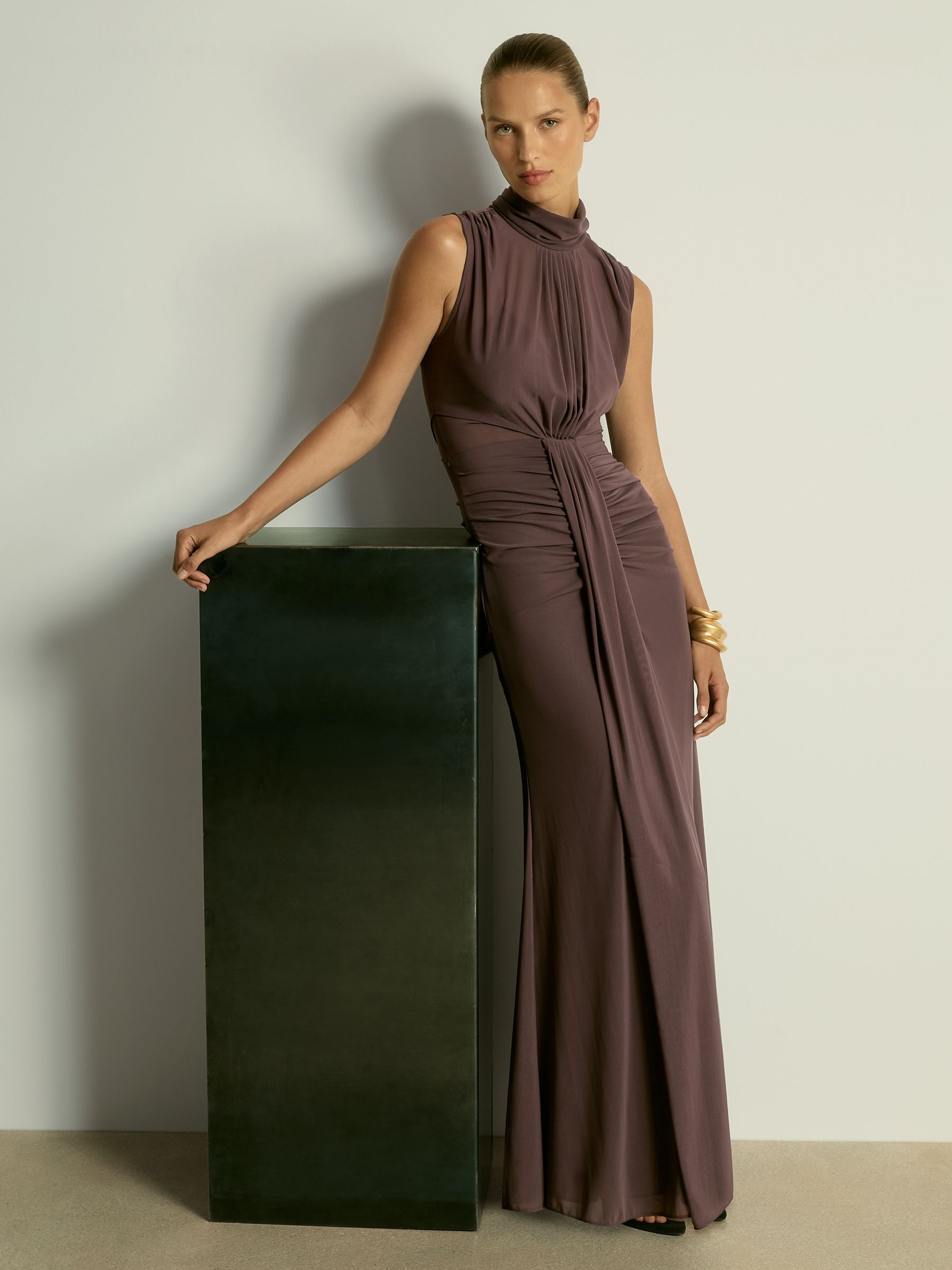 Ruched Sleeveless Maxi Dress in Taupe