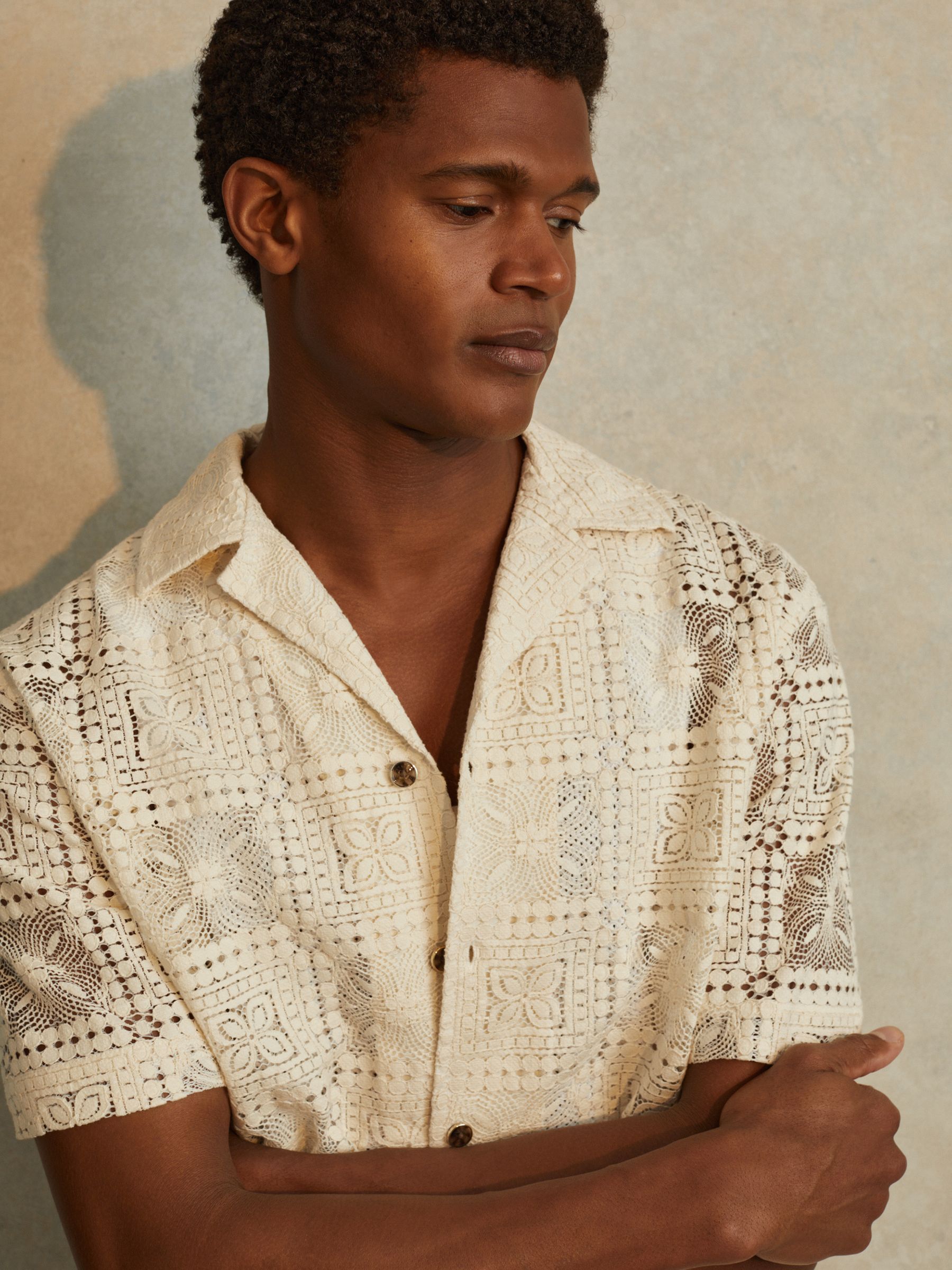 Crochet Cuban-Collar Shirt in Ecru