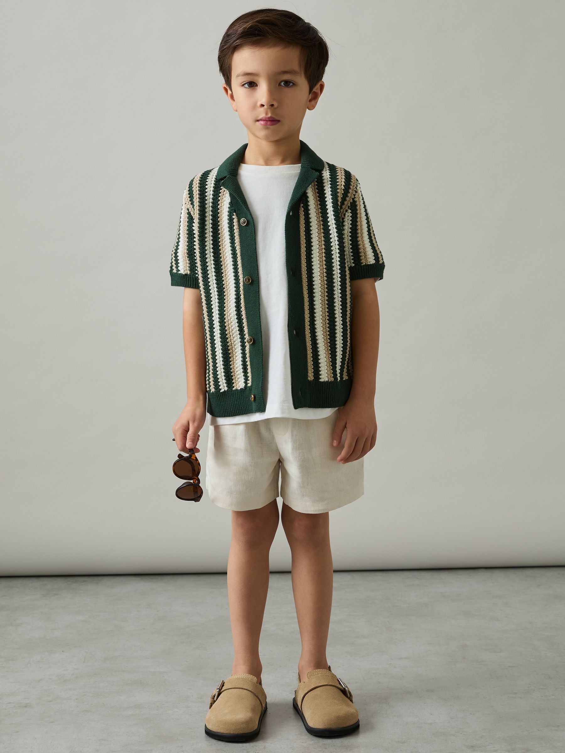 3-9 yrs Cotton Crochet Stripe Cuban Shirt in Green
