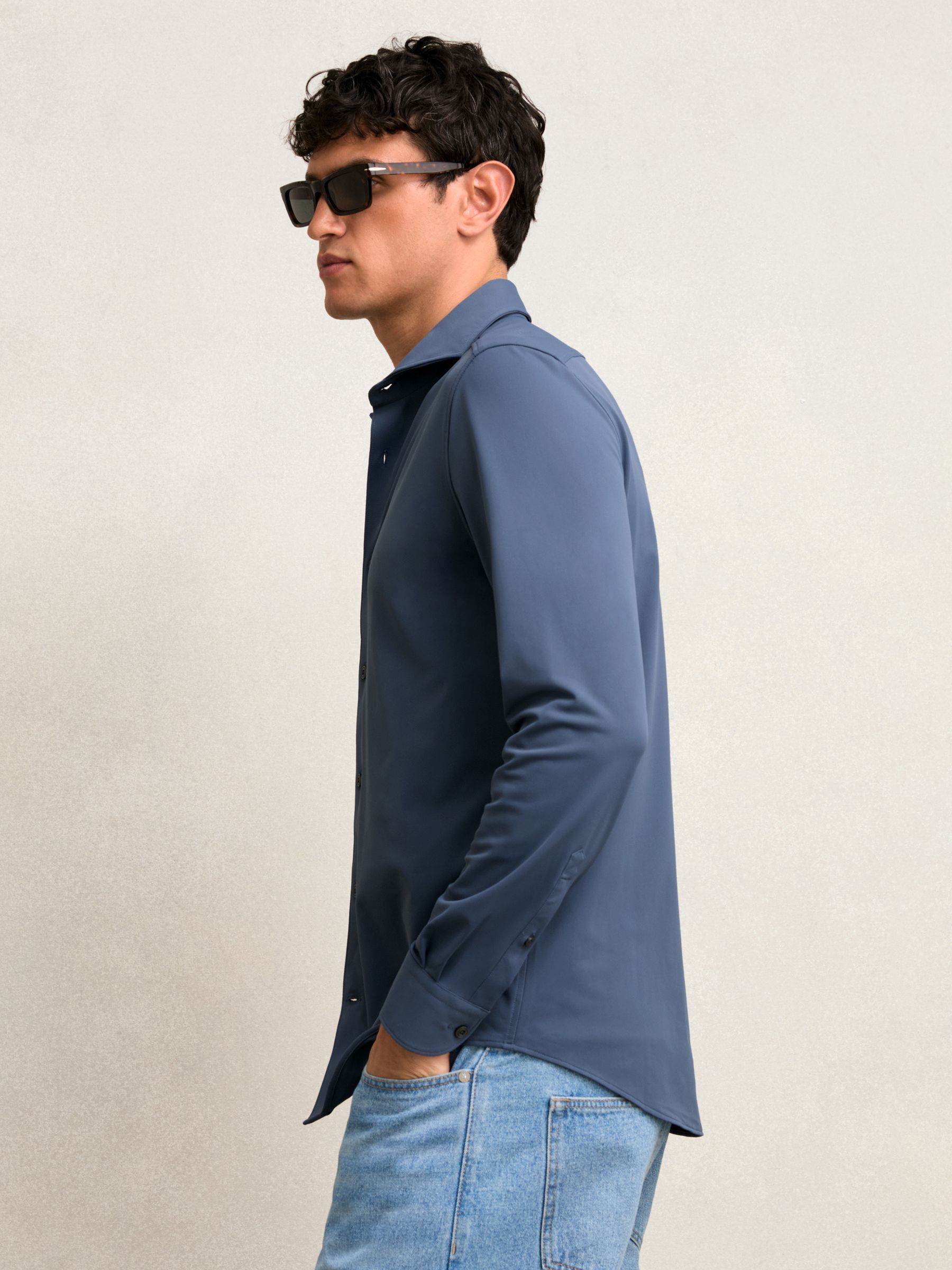 Stretch Jersey Cutaway-Collar Shirt in Dark Airforce Blue