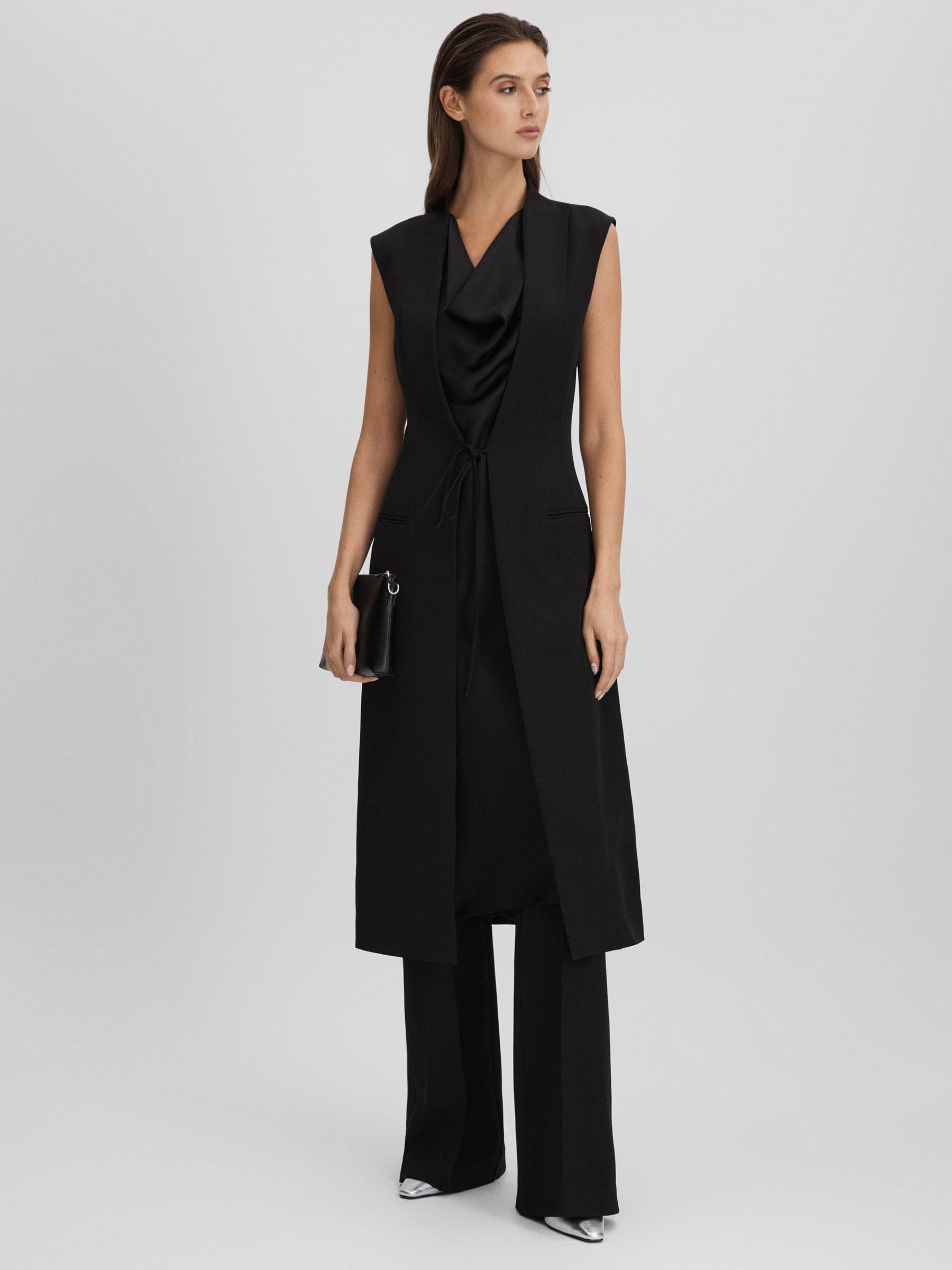 Halston Cowl Neck Wrap Midi Dress in Black
