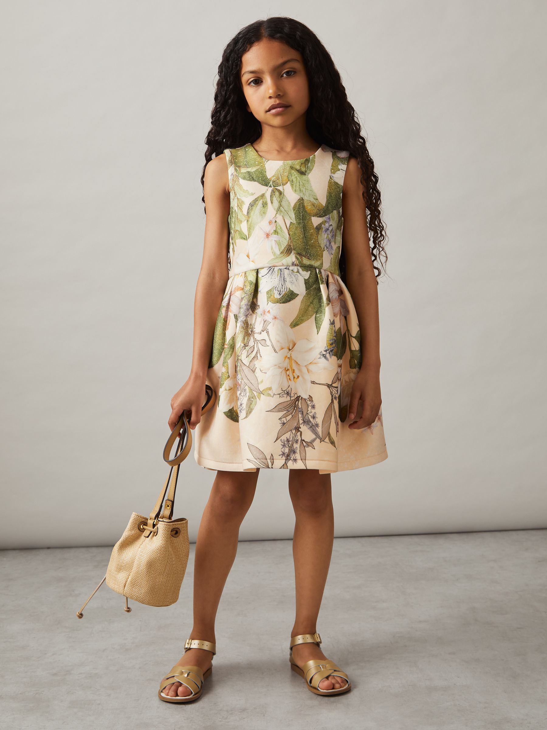 13-14 yrs Floral Scuba Sleeveless Dress in Pink Print