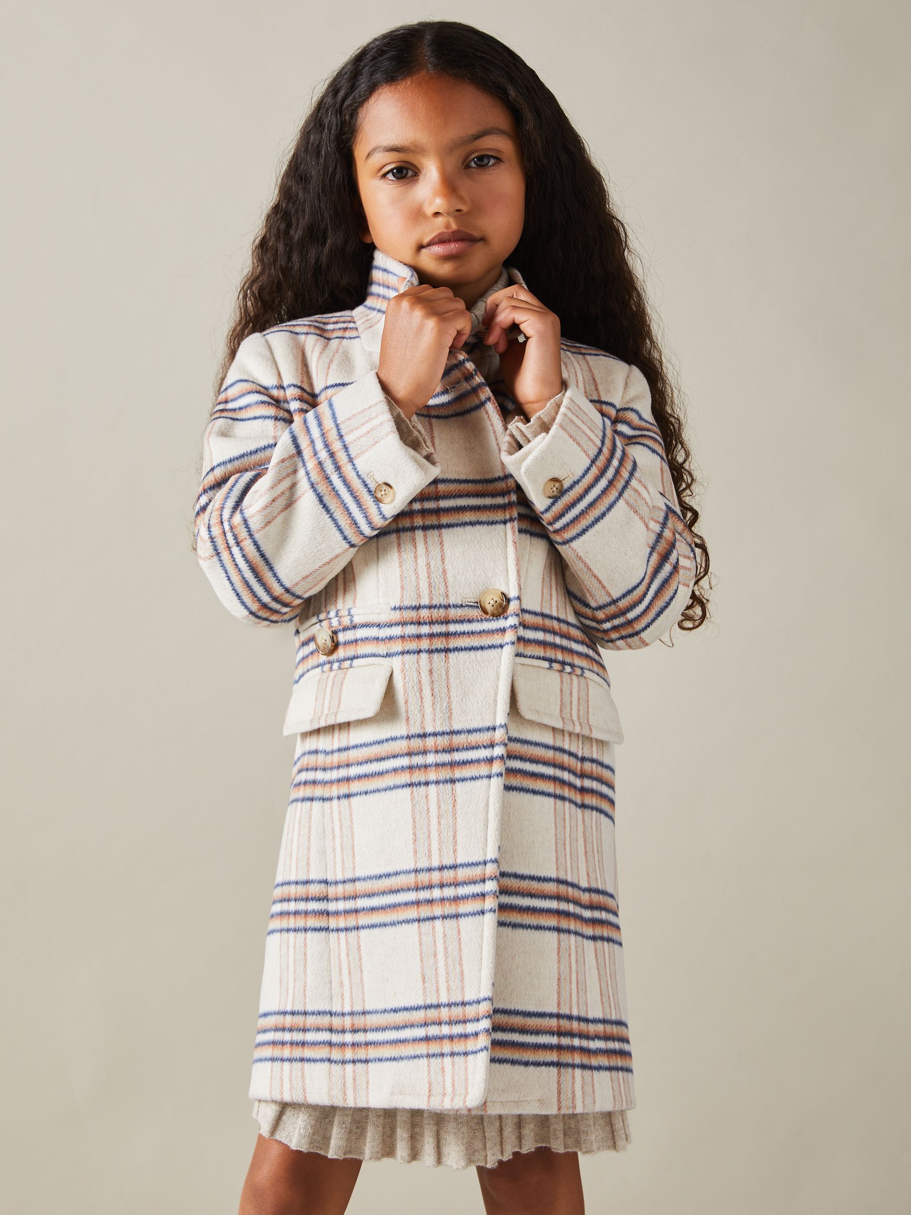 9-13 yrs Wool Blend Checked Asymmetric Funnel Neck Coat in Brown