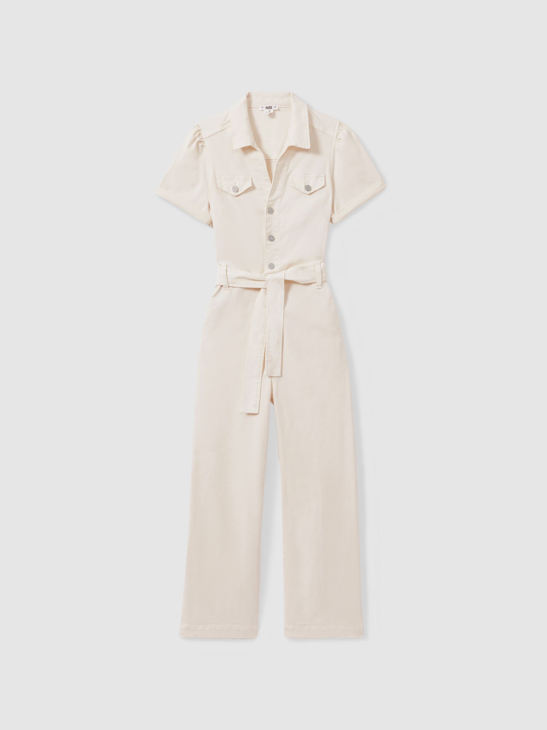 Paige Denim Puff Sleeve Jumpsuit in Sand