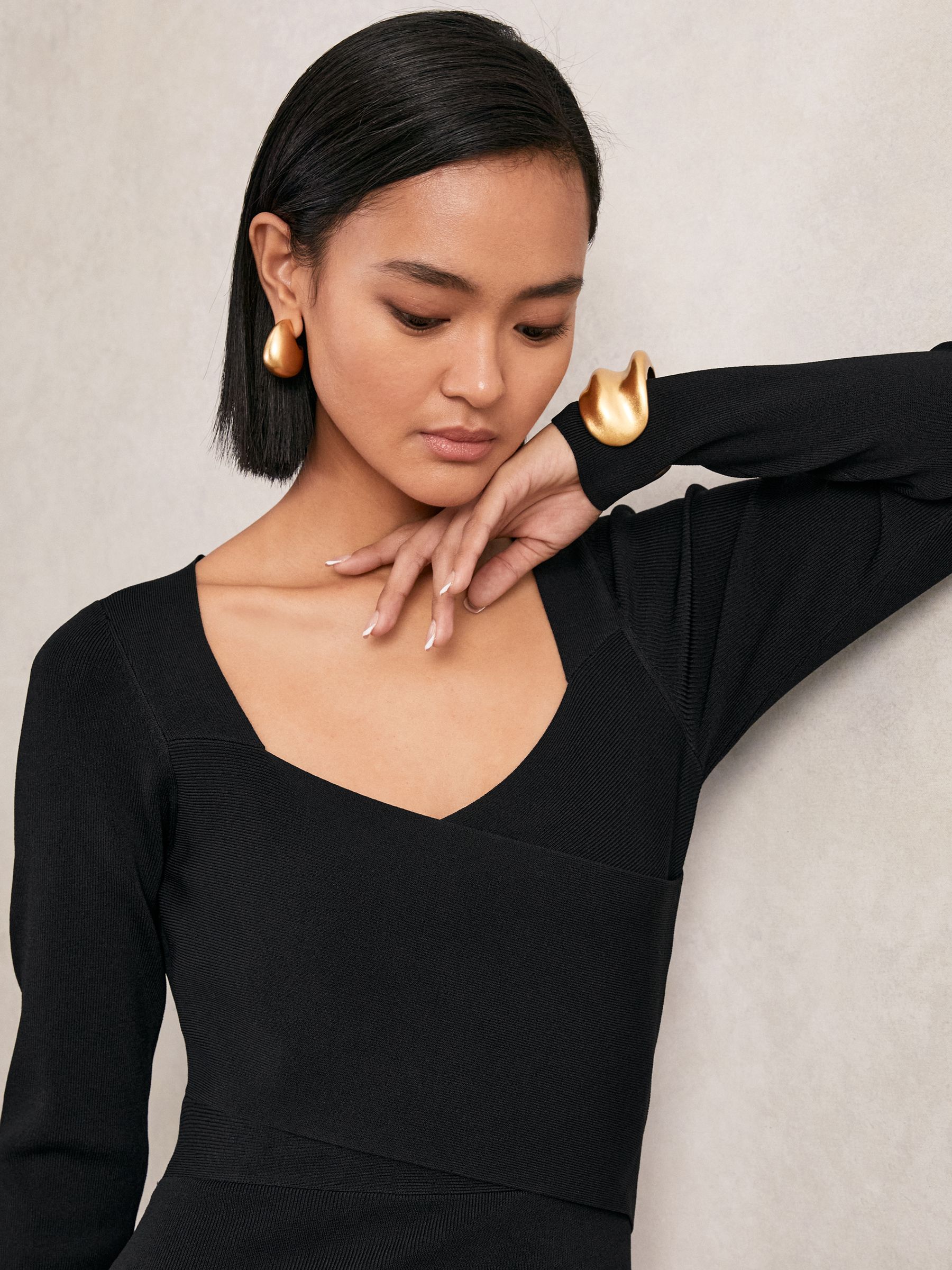 Knitted Wrap-Front Midi Dress in Black